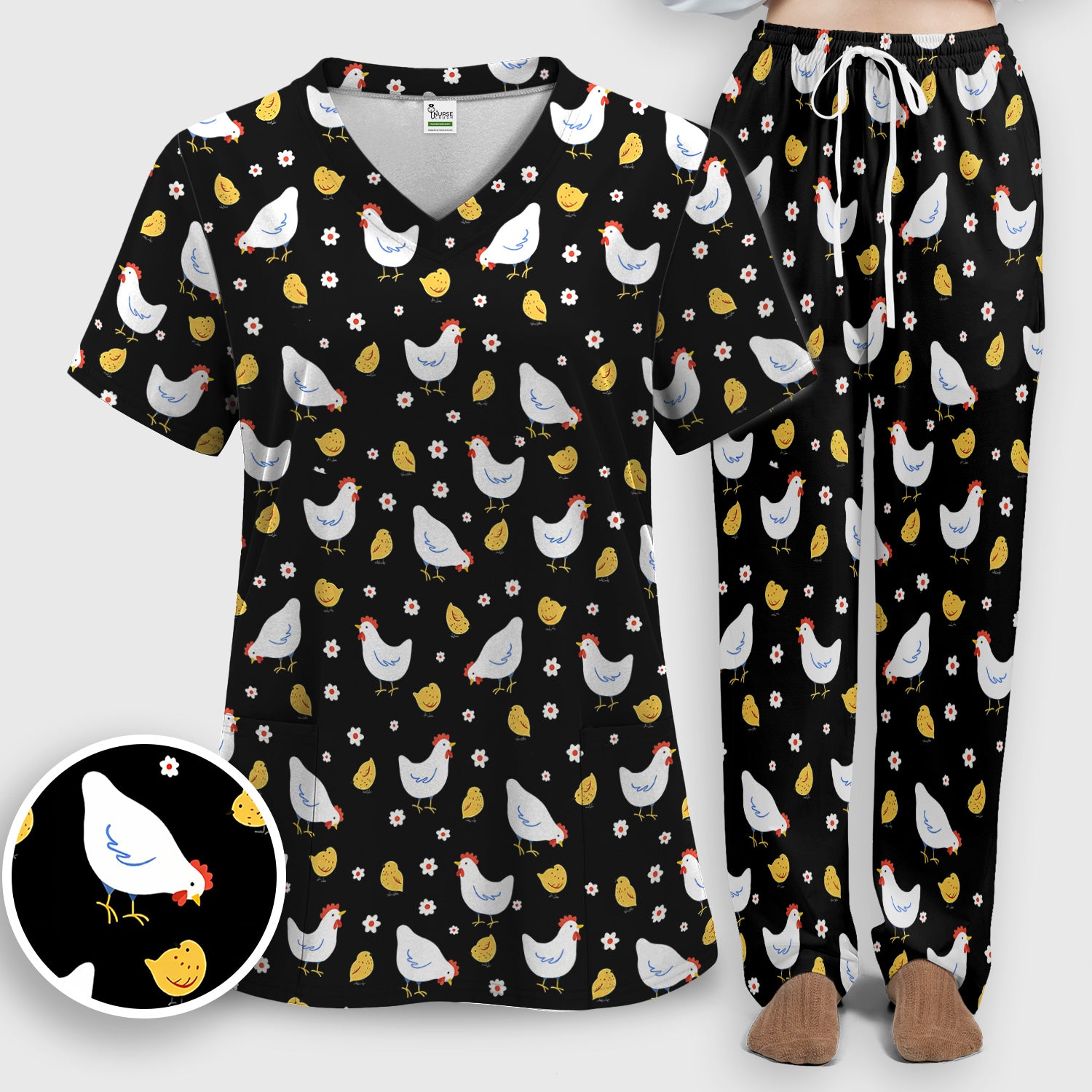 Chicken And Cute Chicks Pattern Scrubs Sets, Scrub Pants and V Neck Top