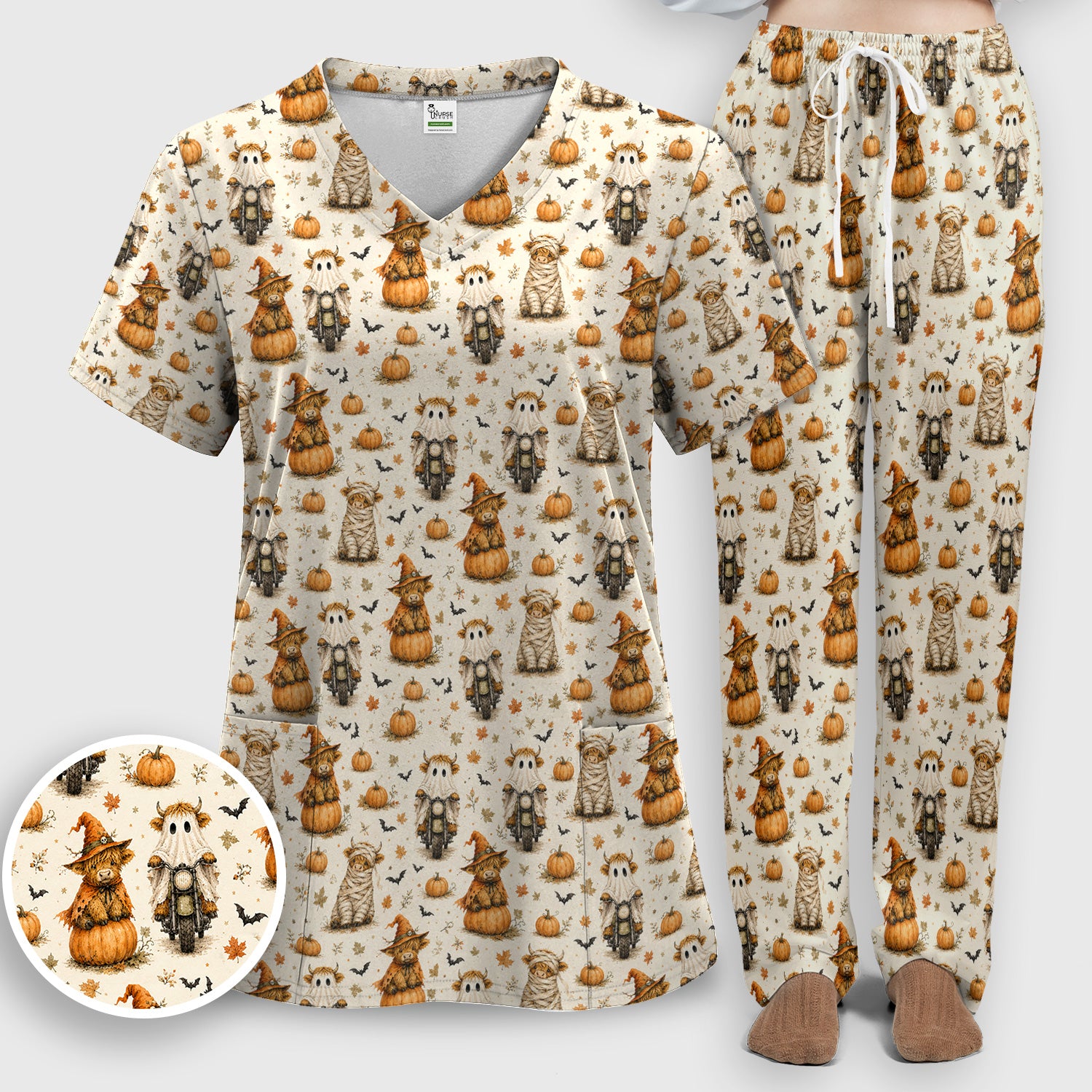 Halloween Highland Cow Costumes Scrub Set, Scrub Pants and V Neck Top