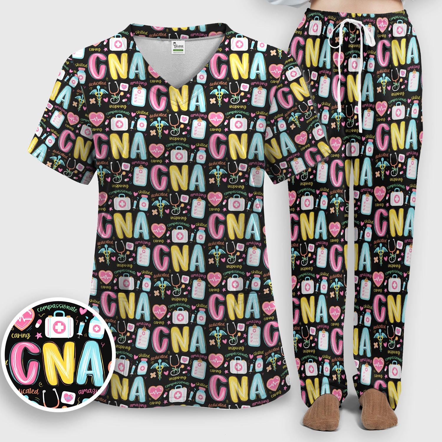CNA Nurse Appreciation Pattern Scrub Set, Breathable Med Uniform