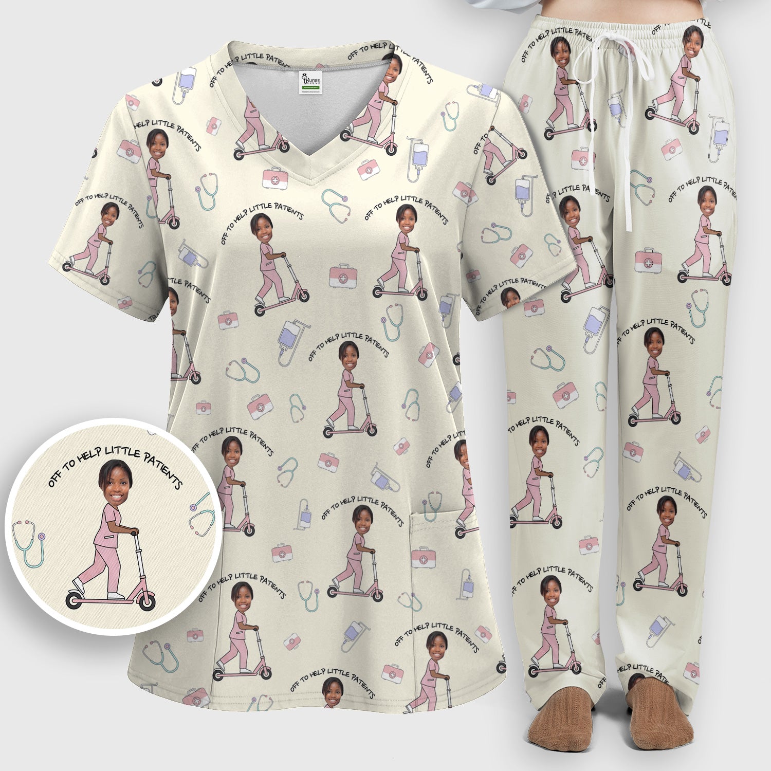 Custom Face Pediatric Nurse Scooter Pattern Scrub Set, Scrub Pants and V Neck Top