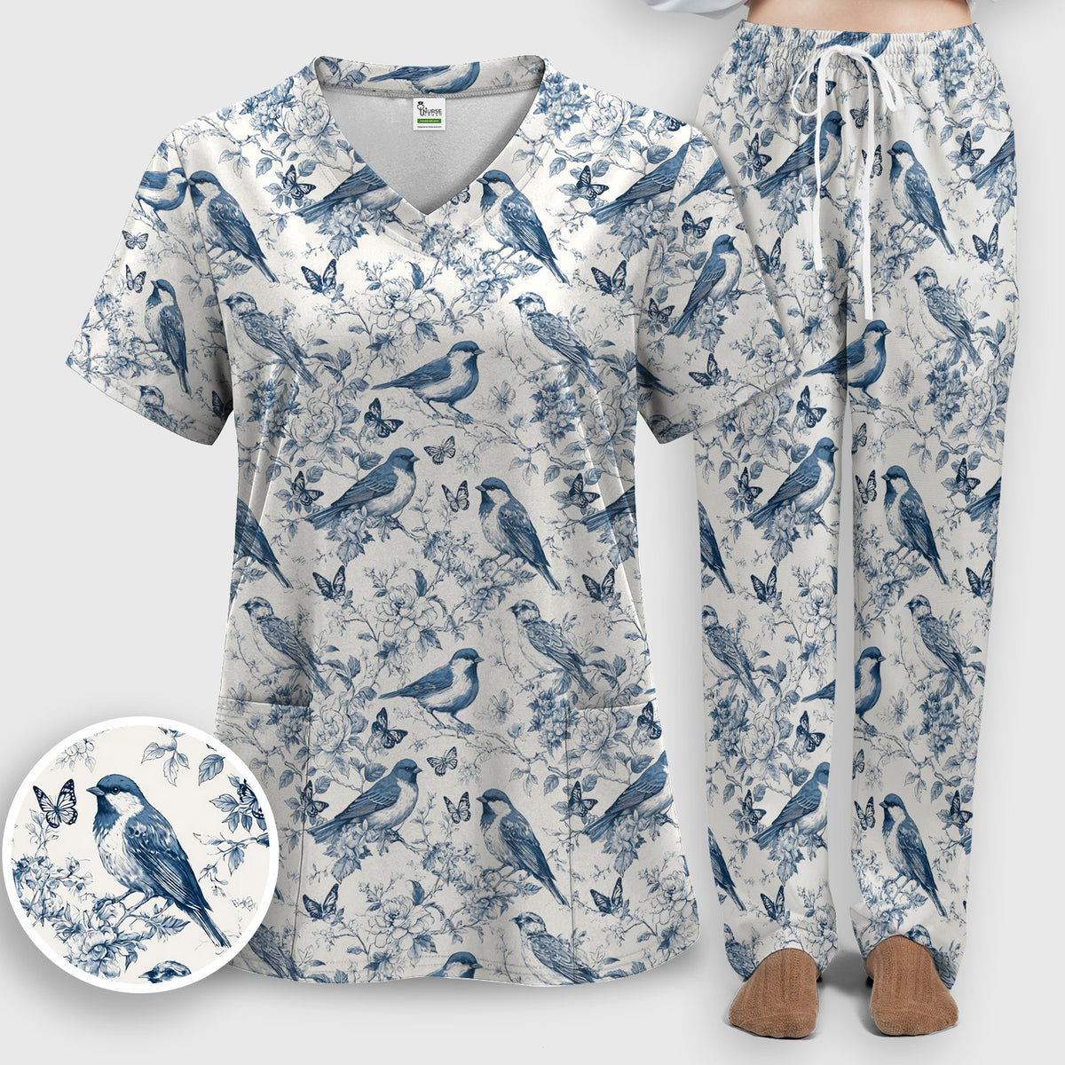 Blue Toile Songbird With Butterfly Print Scrub Set, Scrub Pants and V Neck Top