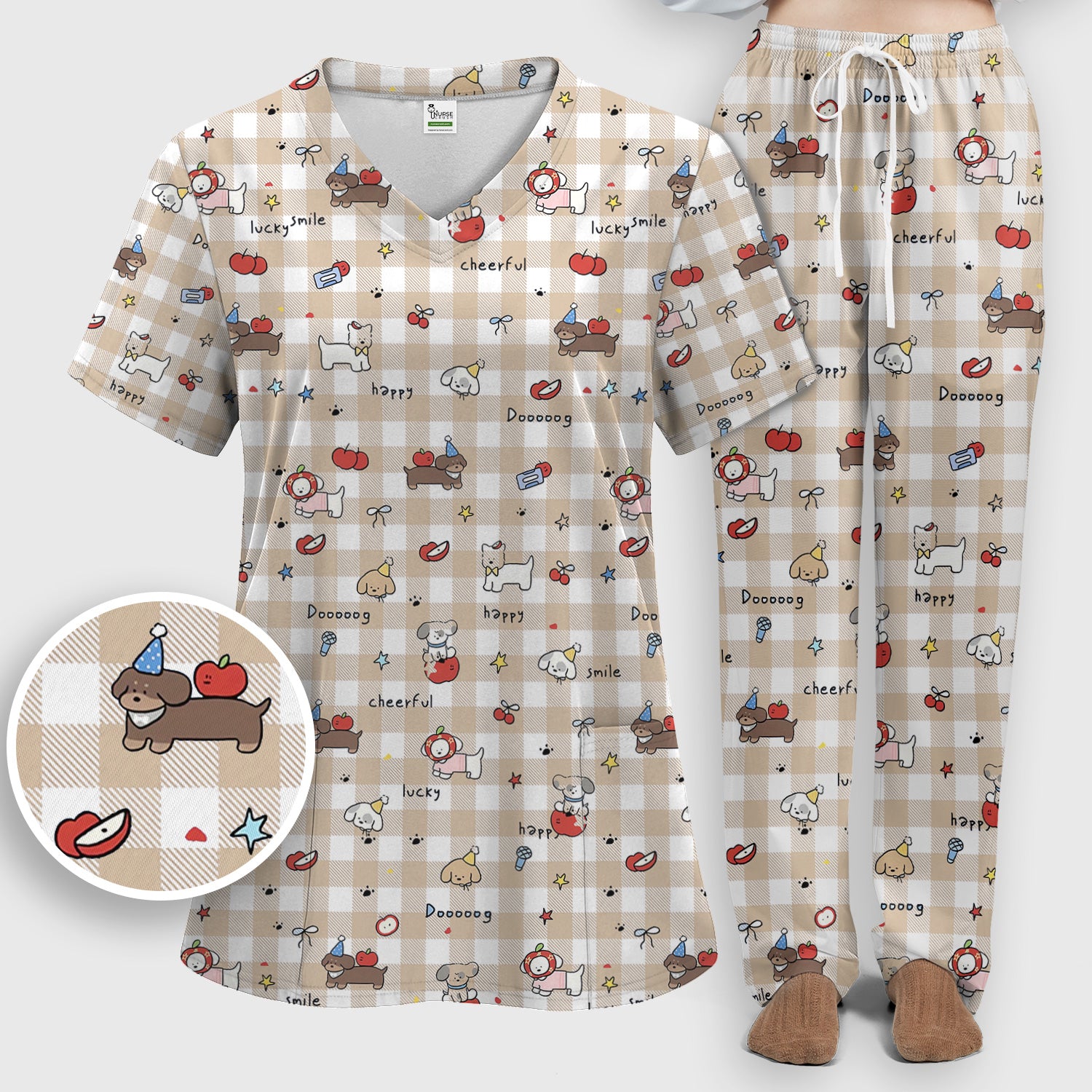 Cute Nurse Cartoon Puppy Apple Gingham Scrub Top, Breathable Fabrics Nursing Uniform