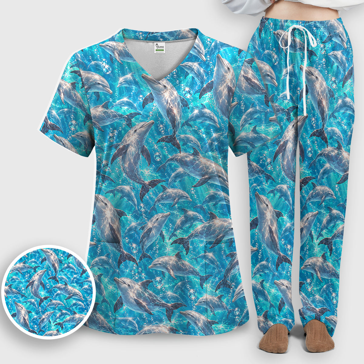 Blue Ocean Dolphin Pattern Scrub Set, Scrub Pants and V Neck Top