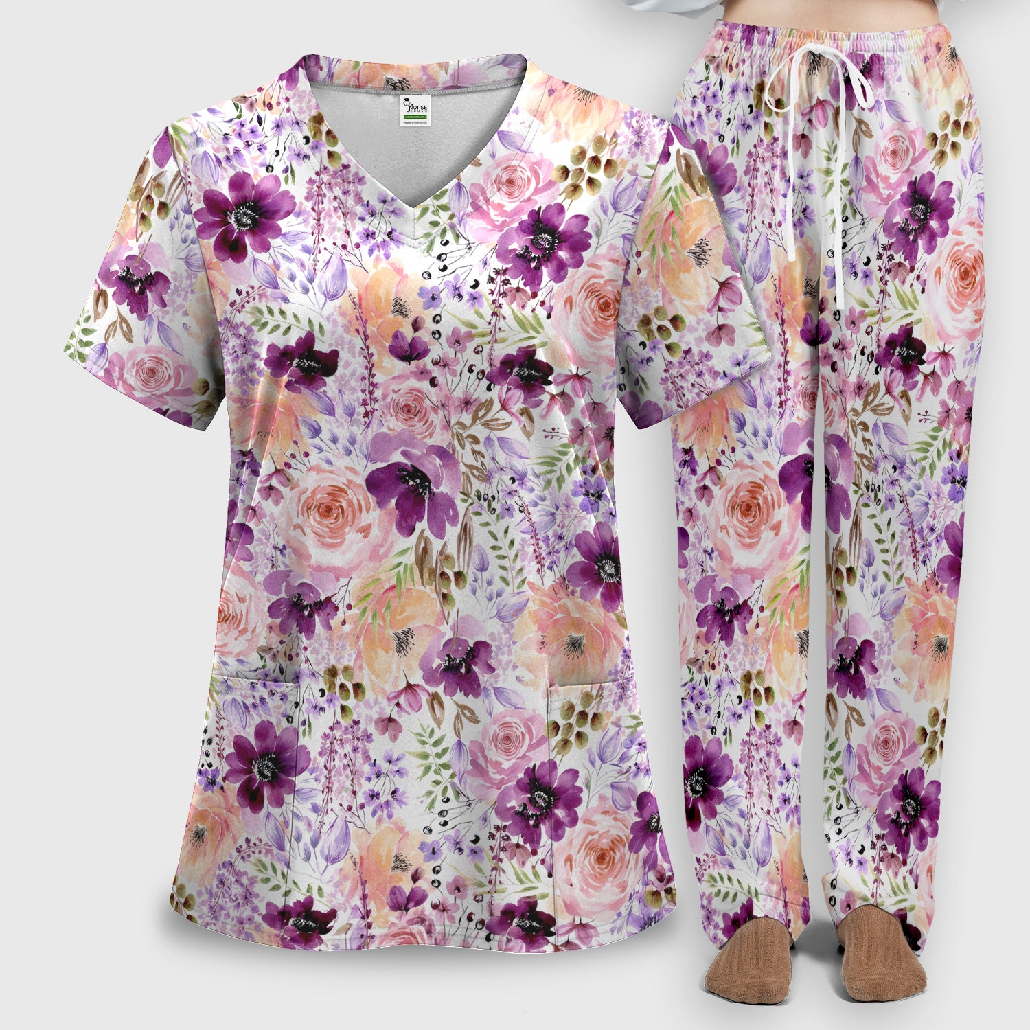 Elegant Watercolor Floral Bloom Scrub Set, Scrub Pants and V Neck Top
