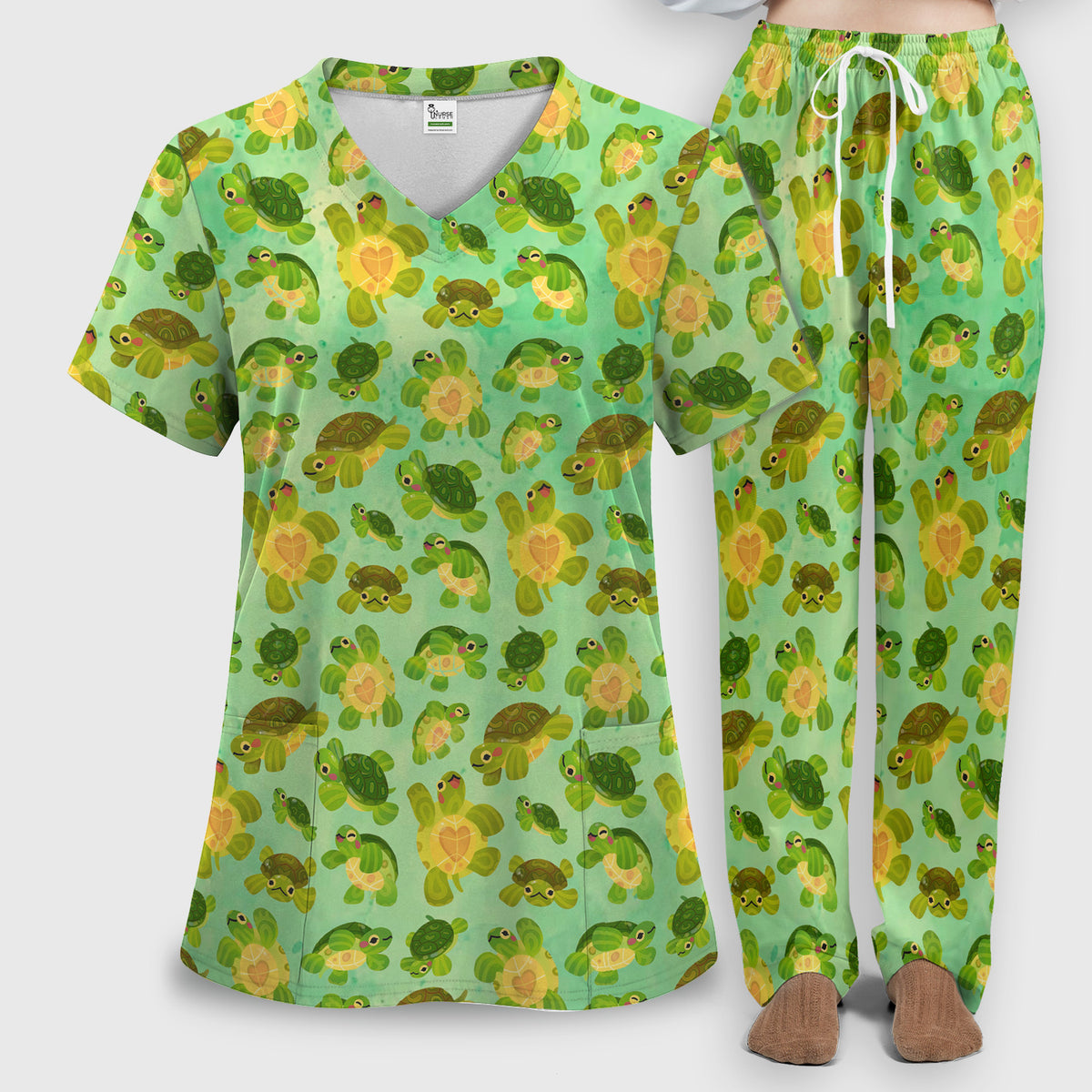 Cute Green Sea Turtle Pattern Scrubs Sets, Breathable Med Uniform