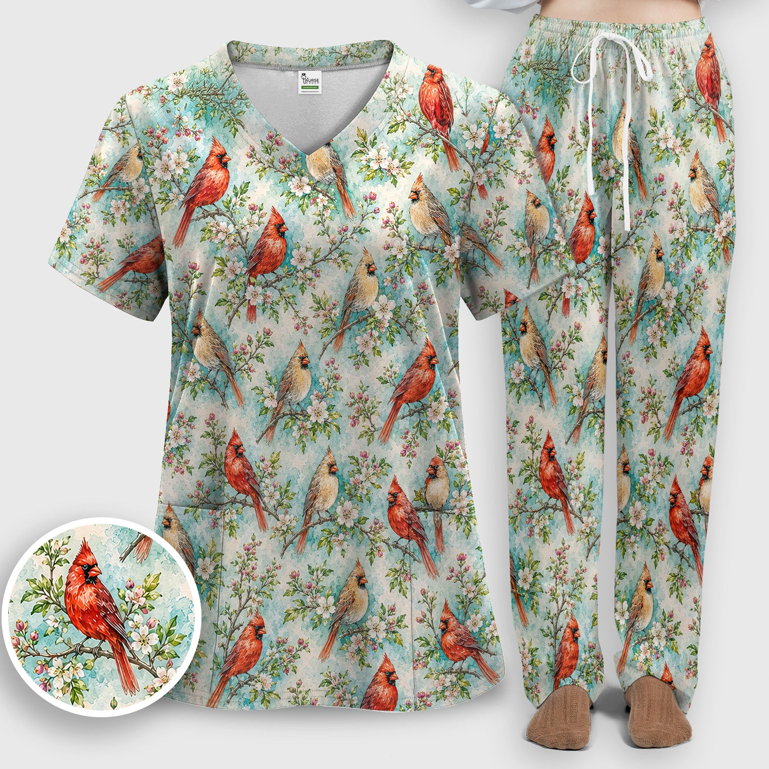 Cardinal Blossom Branch Pattern Scrub Set, Scrub Pants and V Neck Top