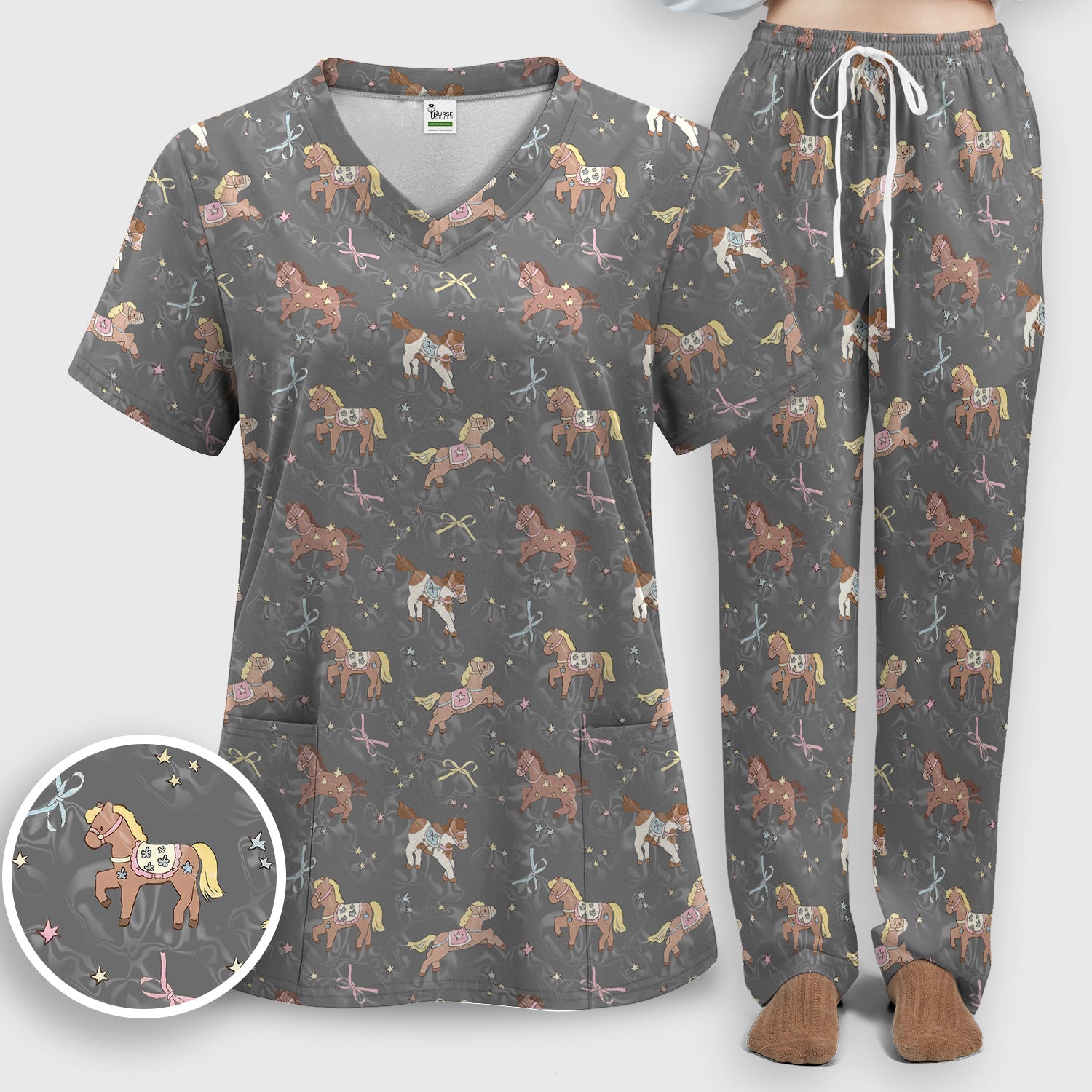 Cute Pony Star Pattern Scrub Set, Breathable Med Uniform