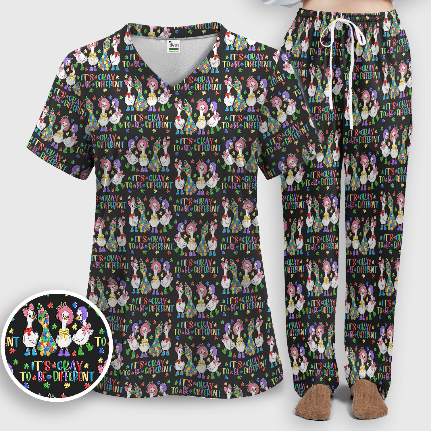 It’s Okay To Be Different Duck Pattern Scrub Set, Nurse Uniform Scrubs Set