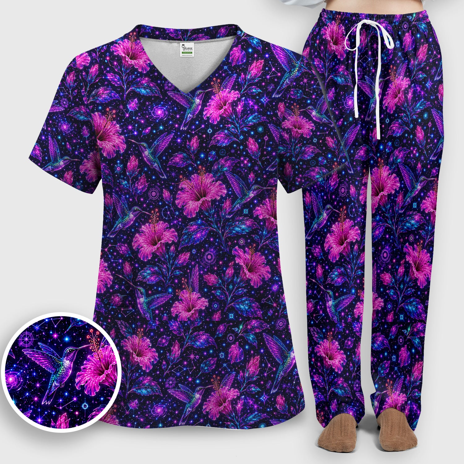 Galaxy Floral Hummingbird Nurse Pattern Scrub Set, Scrub Pants and V Neck Top