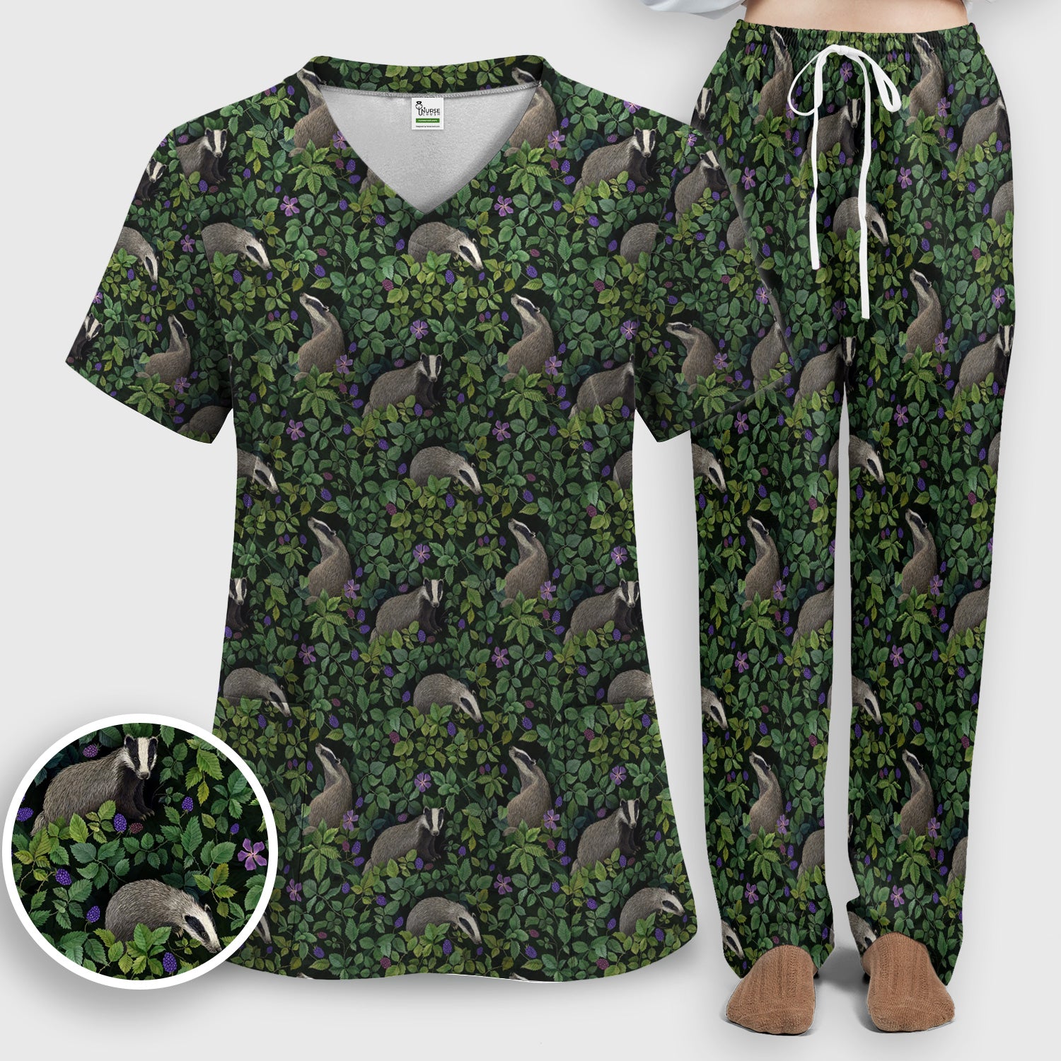 Woodland Badger Forest Pattern Scrub Set, Scrub Pants and V Neck Top