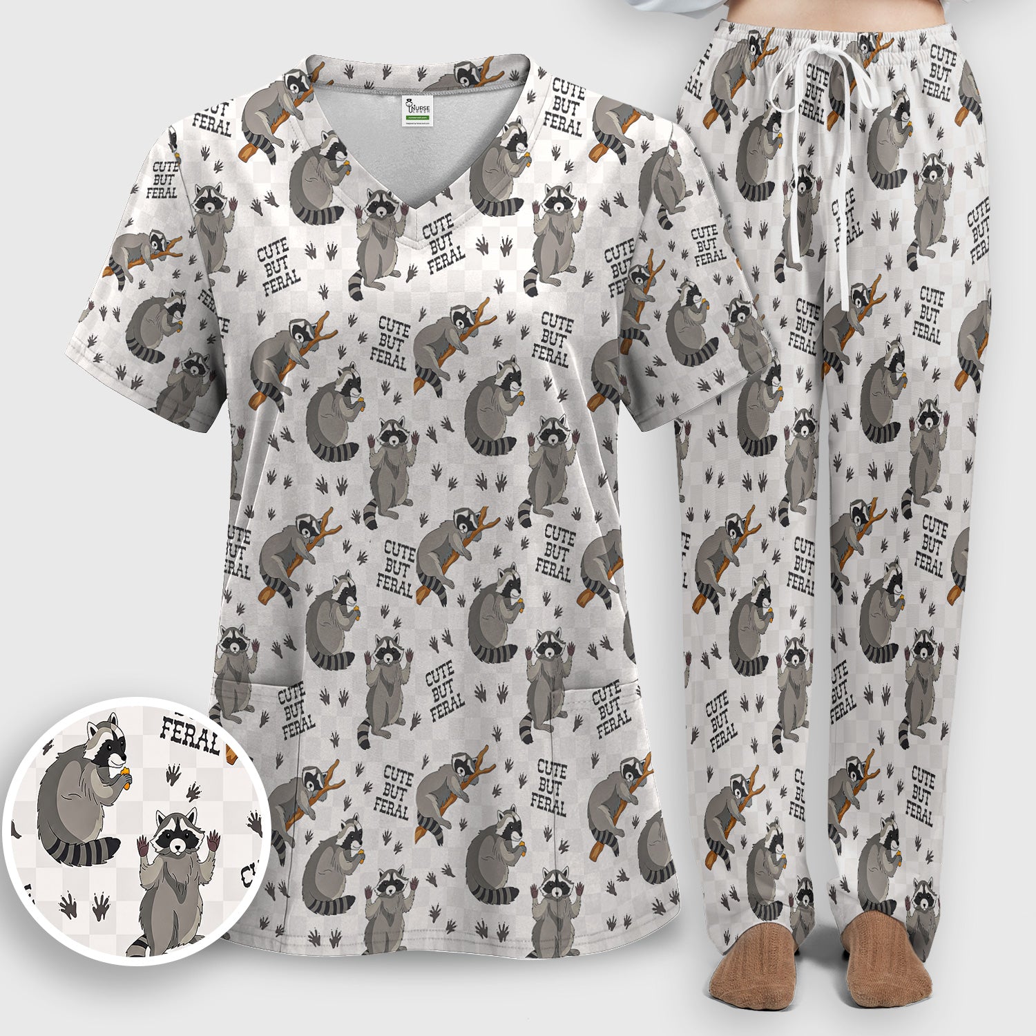 Funny Feral Raccoon Pattern Scrub Set, Scrub Pants and V Neck Top