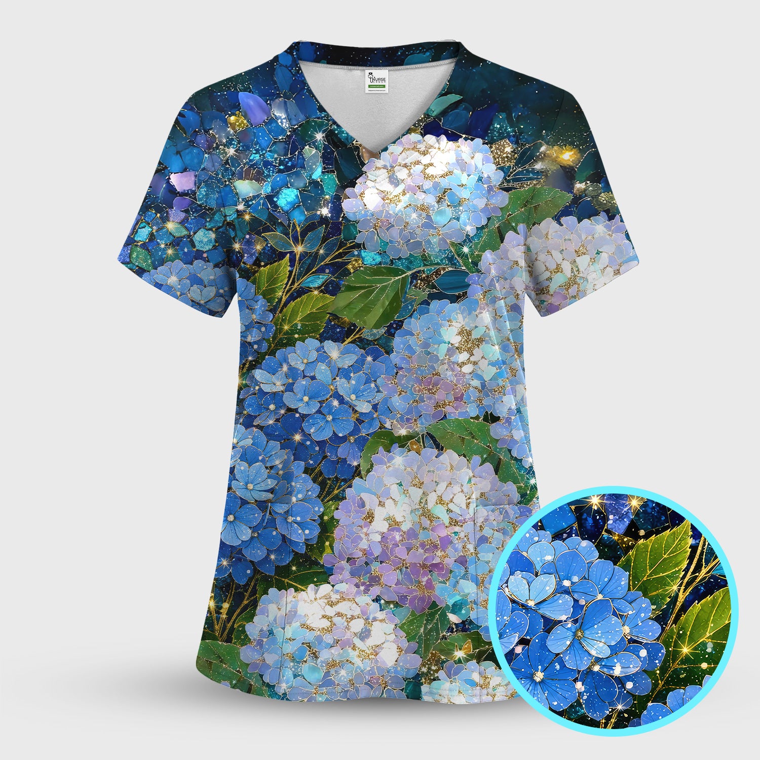 Blue Hydrangea Floral Pattern Scrub Set, Scrub Pants and V Neck Top