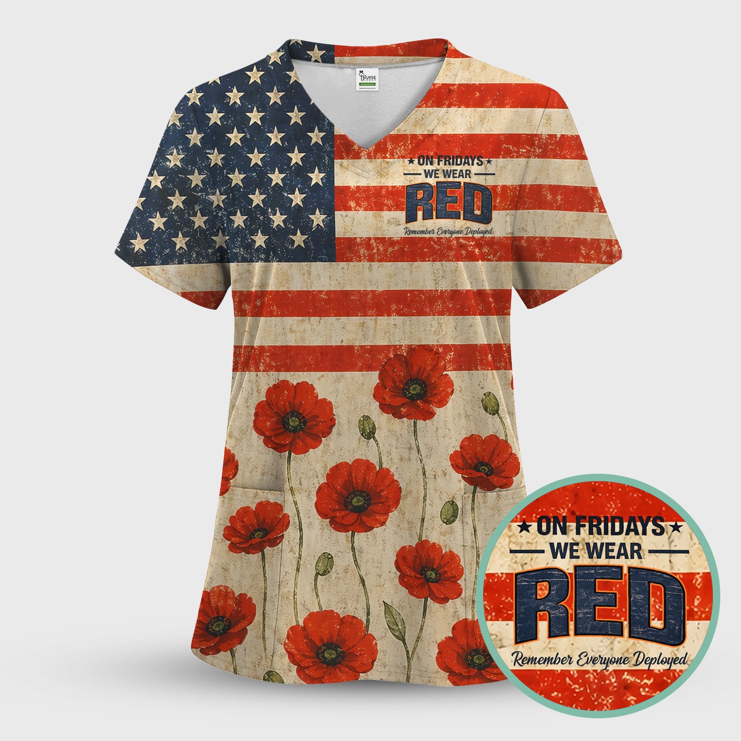 Patriotic American Flag Poppy Flower Pattern Scrub Top, Comfortable Scrubs for Nurses