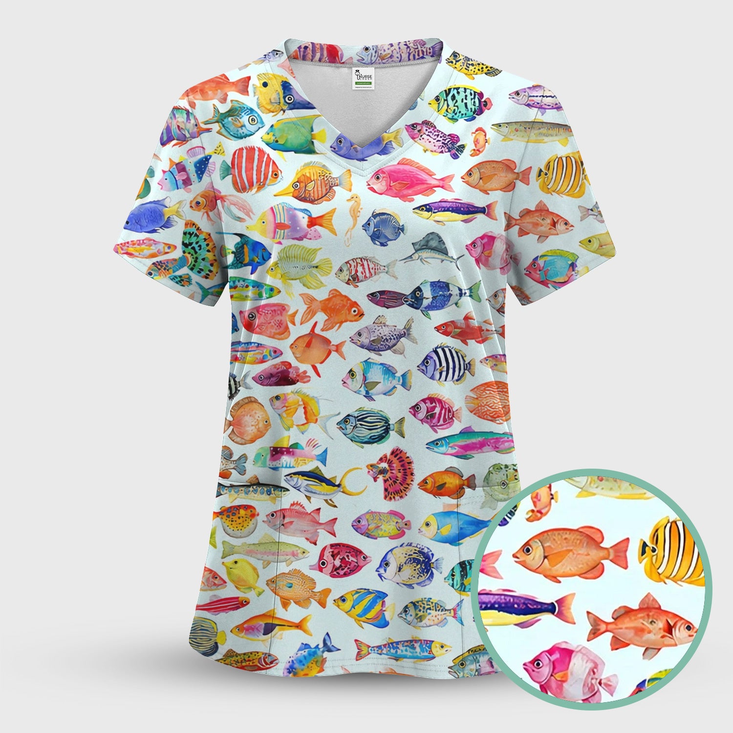Colorful Tropical Fish Print Scrub Set, Scrub Pants and V Neck Top