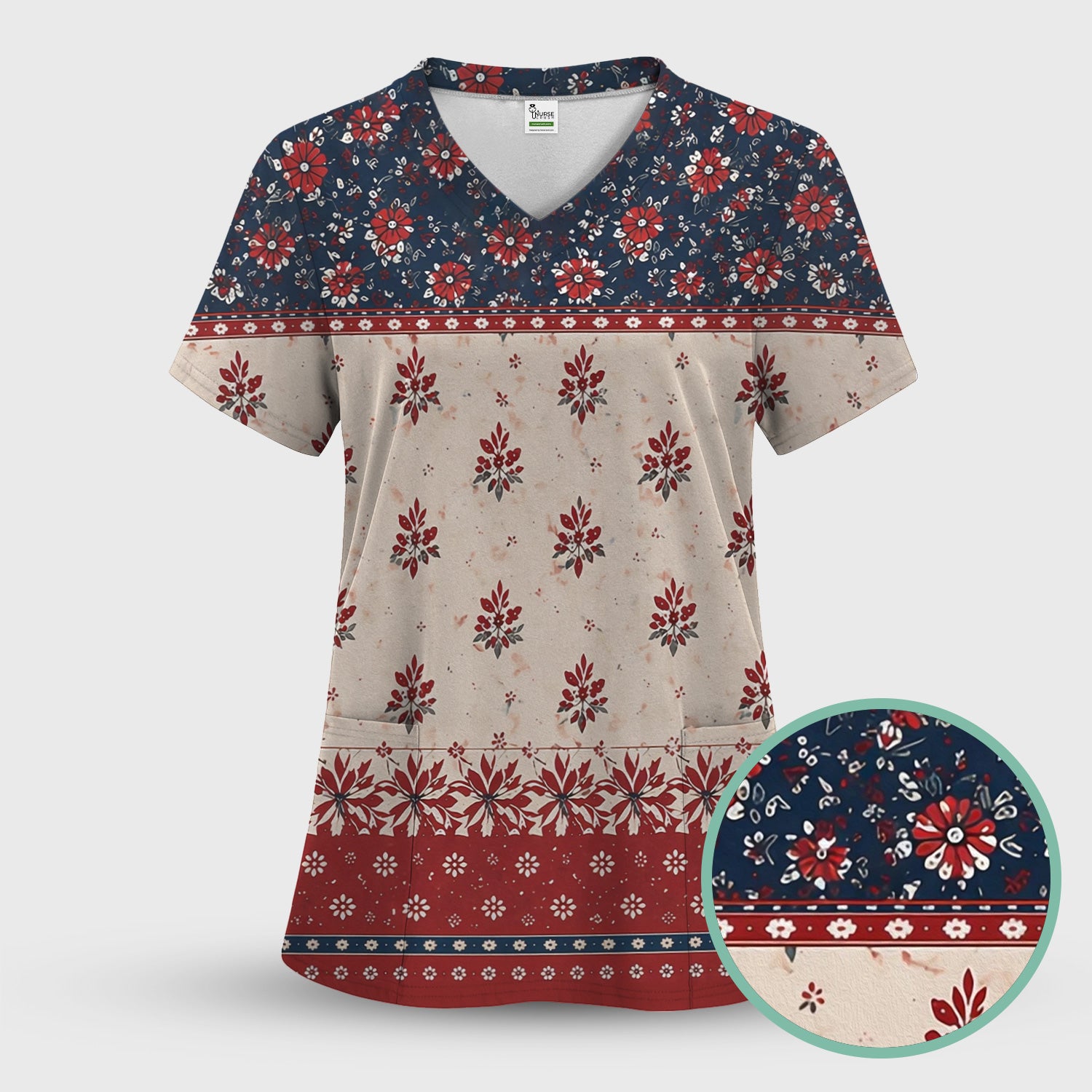 Vintage Floral Border Red Blue Pattern Scrub Set, Scrub Pants and V Neck Top