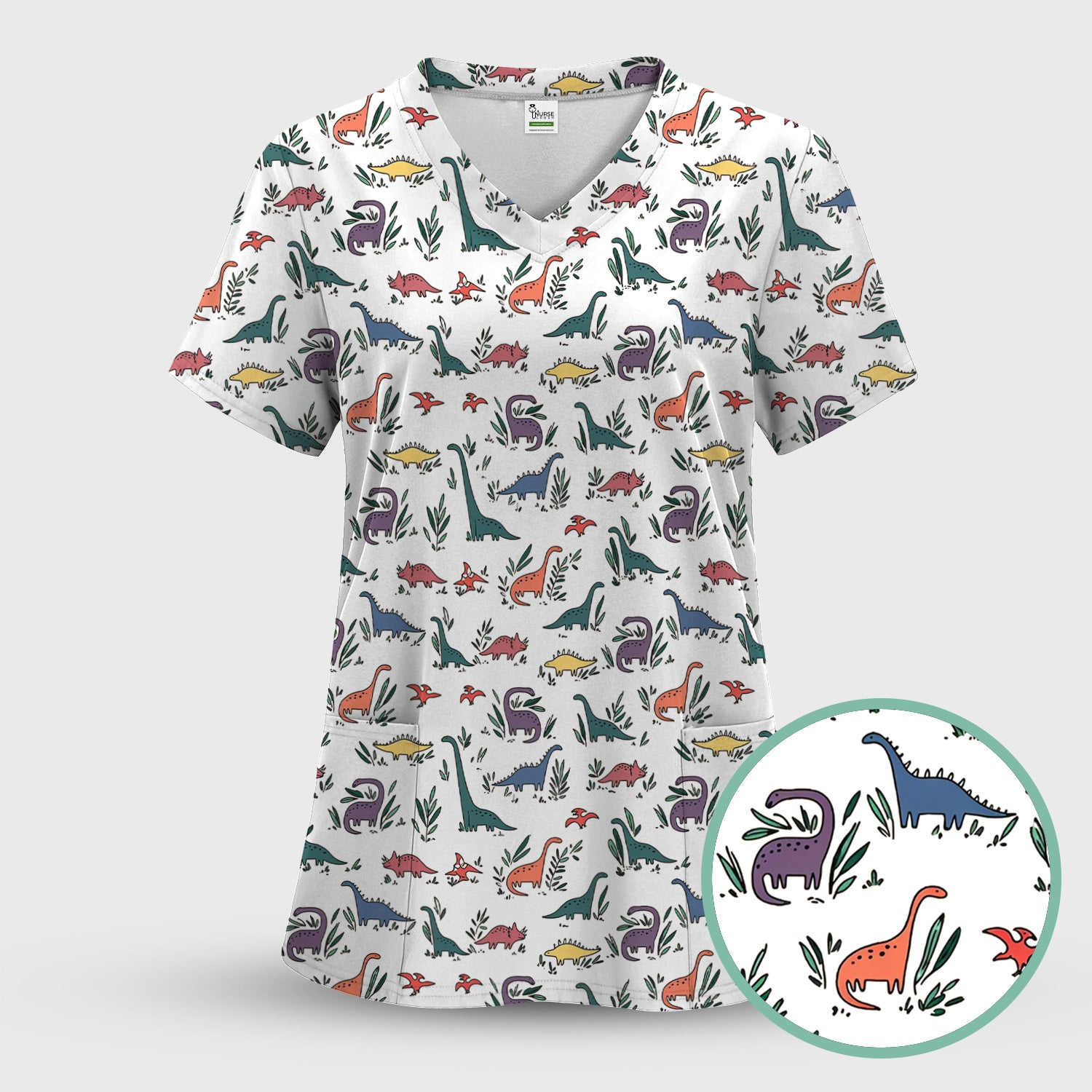 Cute Dinosaur Leafy Garden Pattern Scrub Set, Breathable Fabrics Nursing Uniform