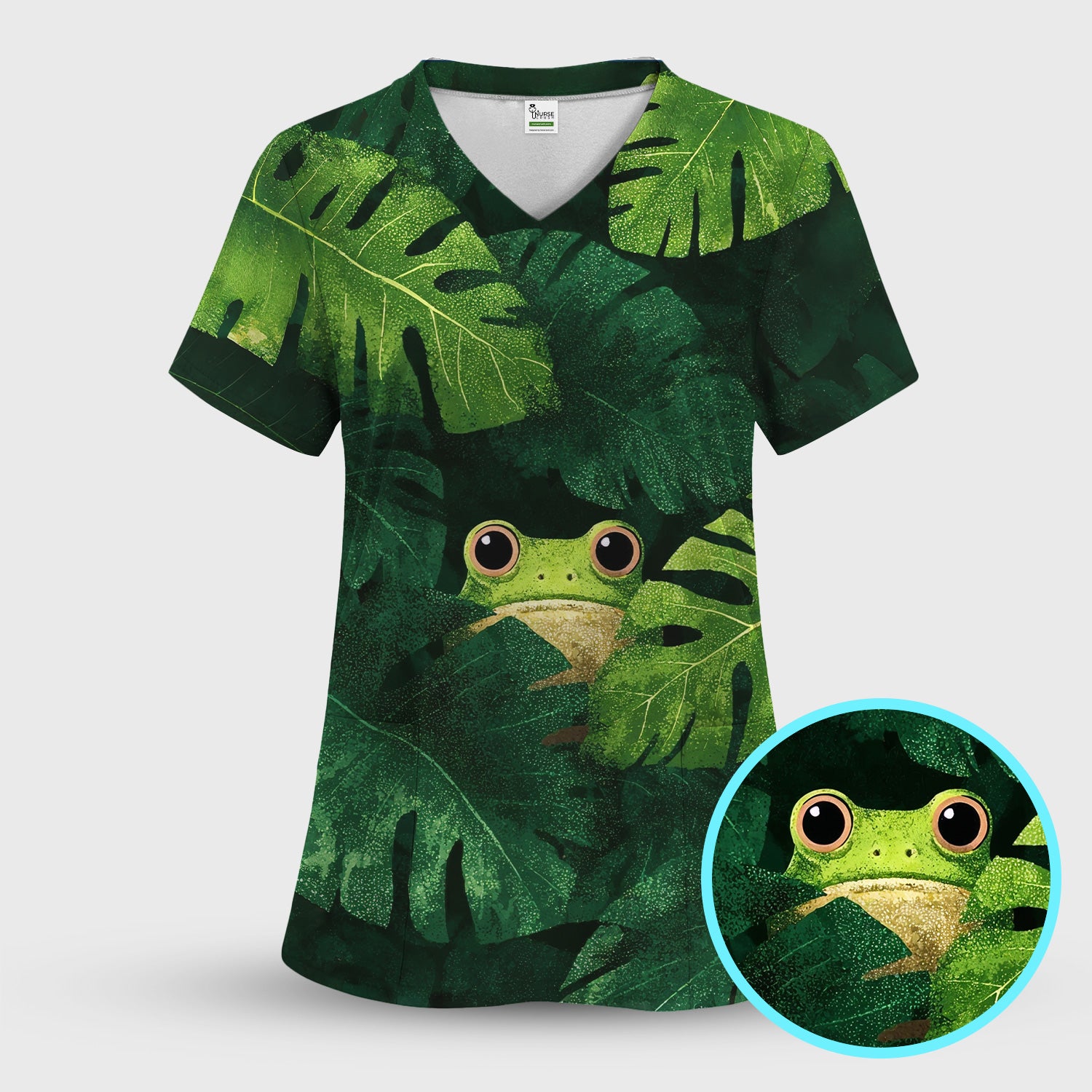 Cute Frog Hiding Jungle Leaves Pattern Nurse Scrub Top, Breathable Fabrics Nursing Uniform
