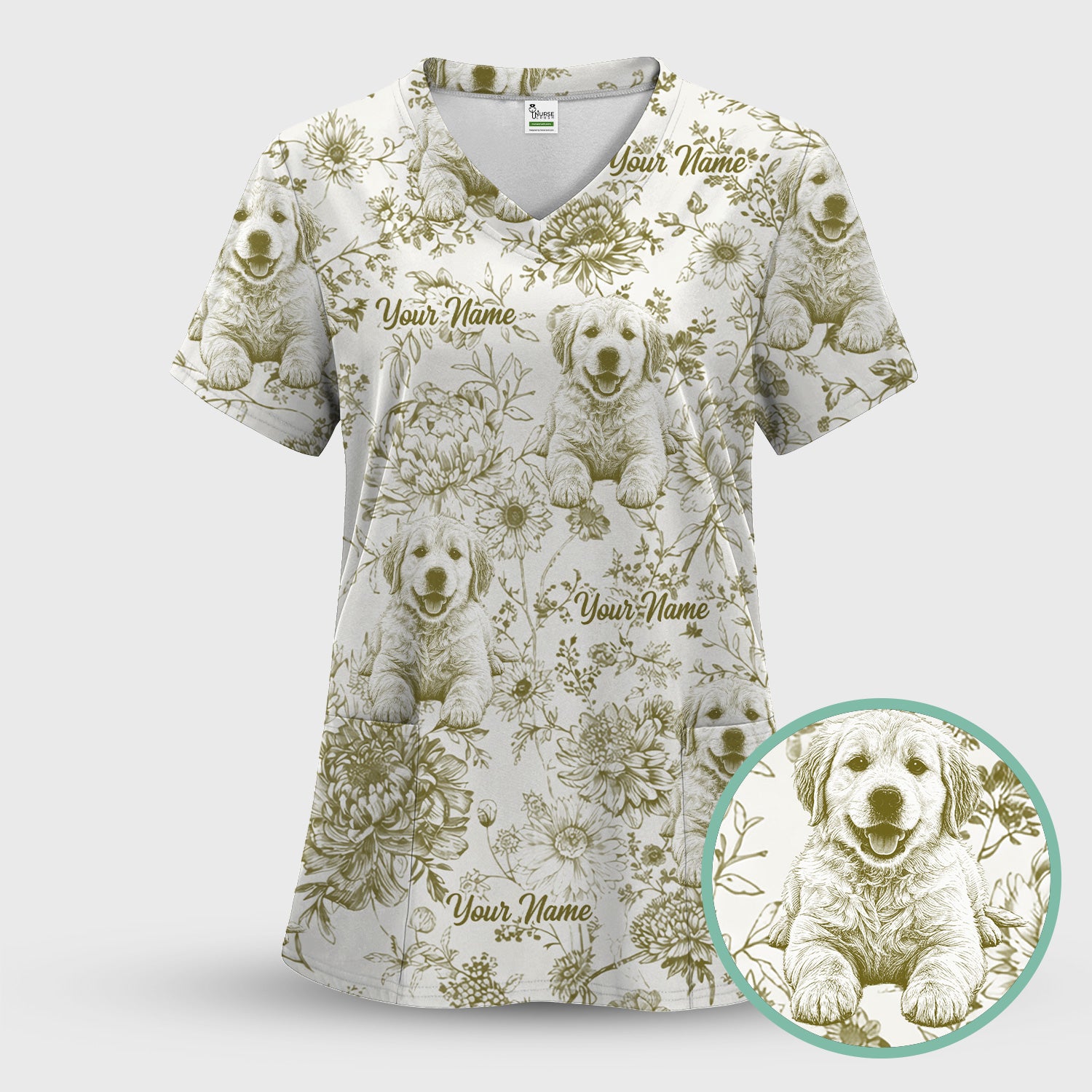 Personalized Custom Pet Photo Name Floral Pattern Scrub Top, Breathable Fabrics Nursing Uniform