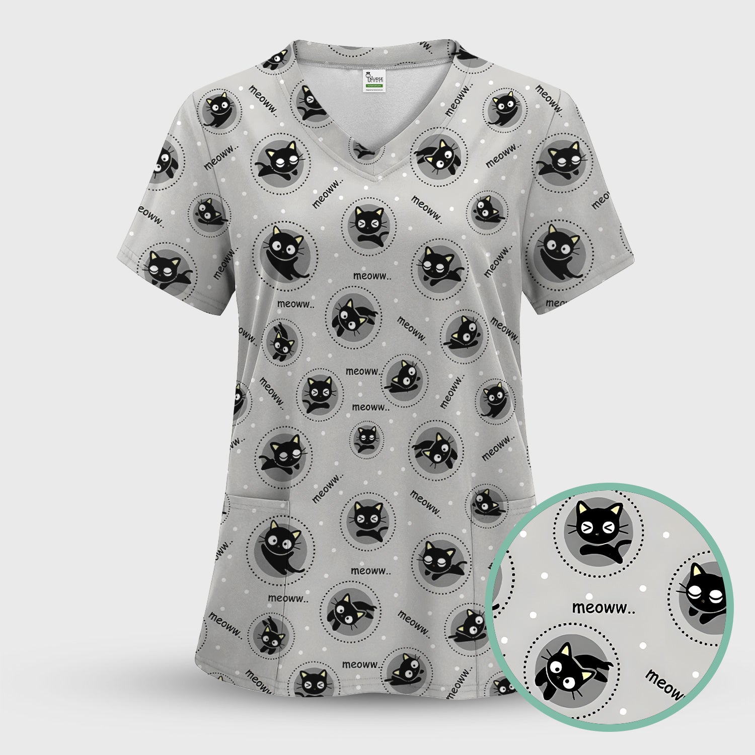 Funny Black Cat Meow Pattern Scrub Set, Scrub Pants and V Neck Top