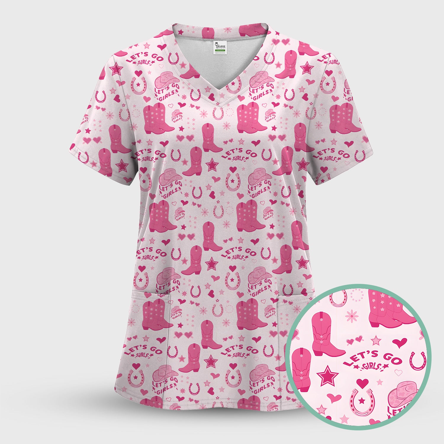 Pink Cowgirl Boots Print Scrub Top, Comfortable Scrubs for Nurses