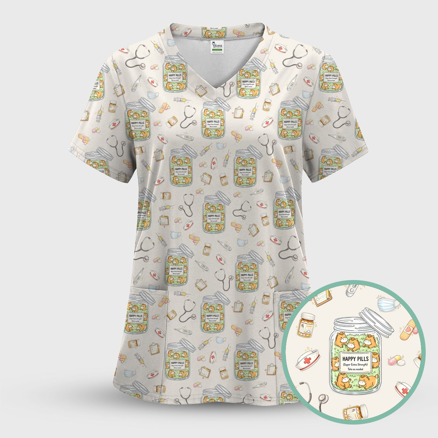 Happy Pills Horse Medical Print Nurse Scrub Top, Comfortable Scrubs for Nurses