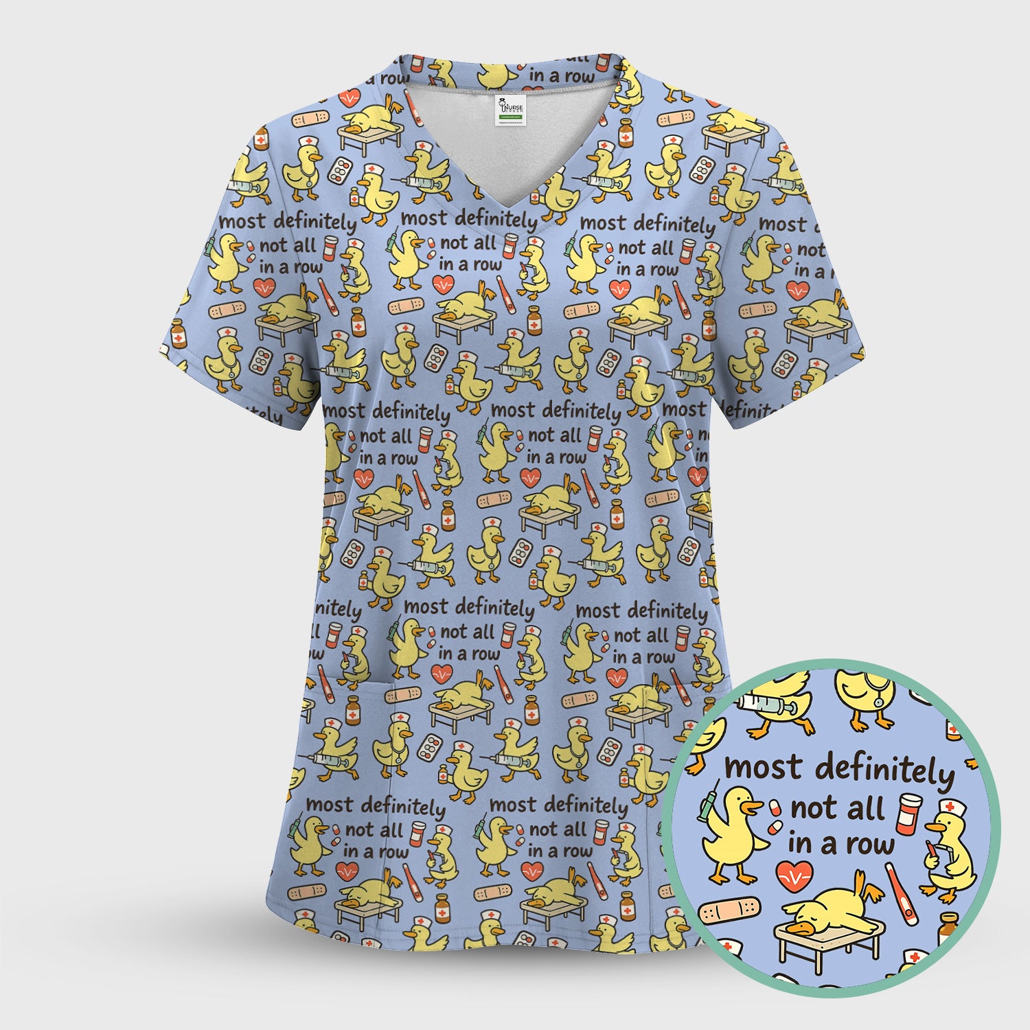 Funny Nurse Duck Medical Humor Pattern Scrub Set, Scrub Pants and V Neck Top