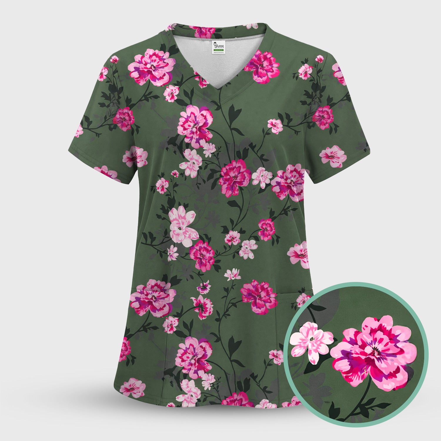 Pink Floral Blossom Pattern Scrub Top, Comfortable Scrubs for Nurses