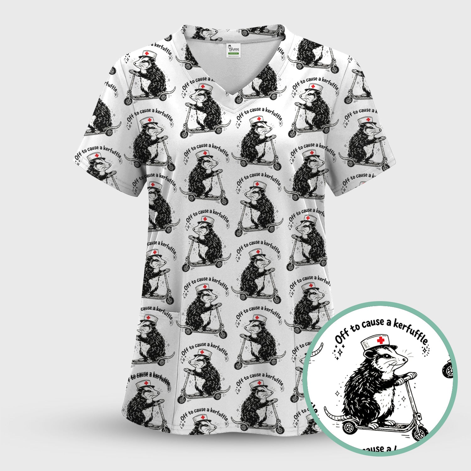 Funny Opossum Nurse Riding Scooter Pattern Scrubs Top, Breathable Fabrics Nursing Uniform
