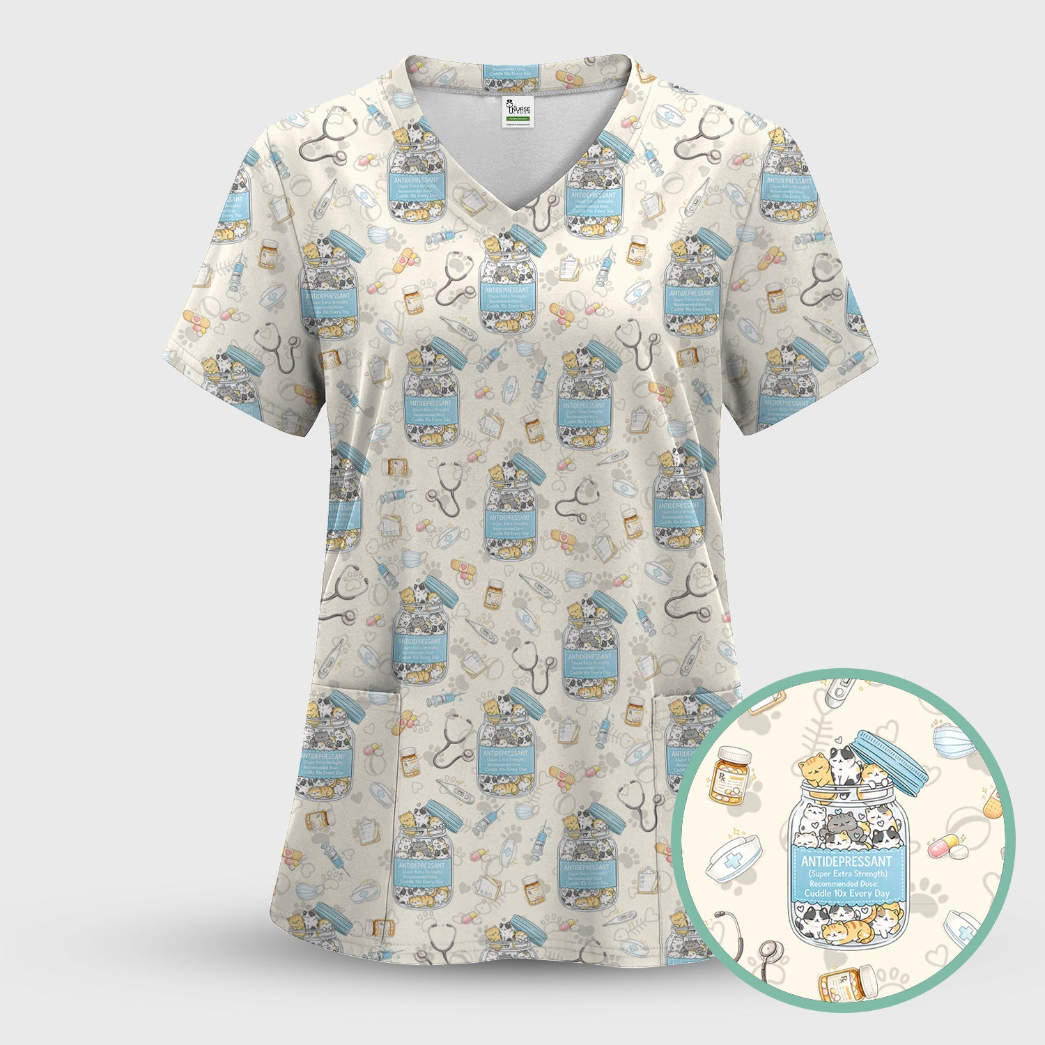 Cute Antidepressant Cat Jar Print Nurse Scrub Top, Breathable Fabrics Nursing Uniform