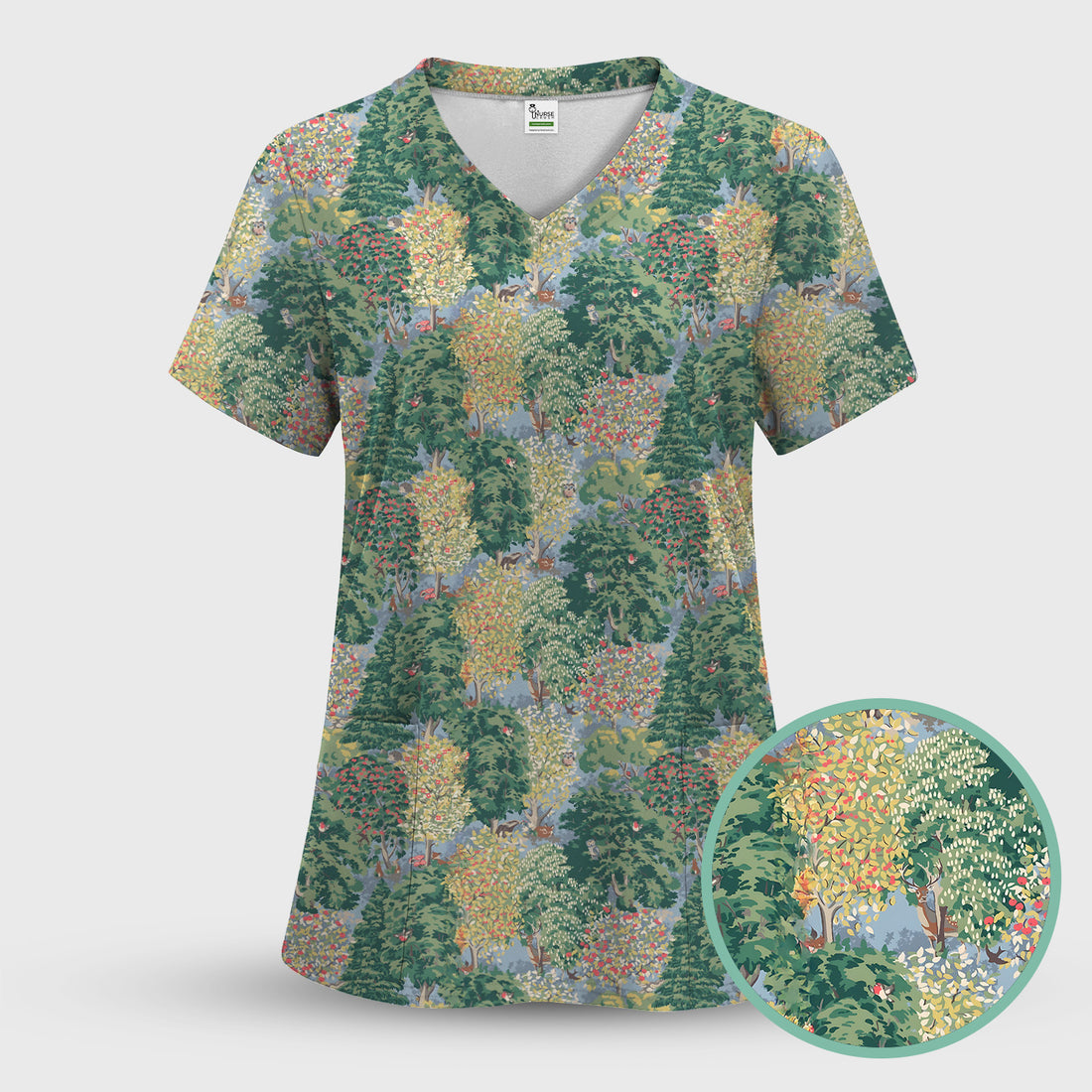 Forest Landscape Pattern Scrub Set, Scrub Pants and V Neck Top