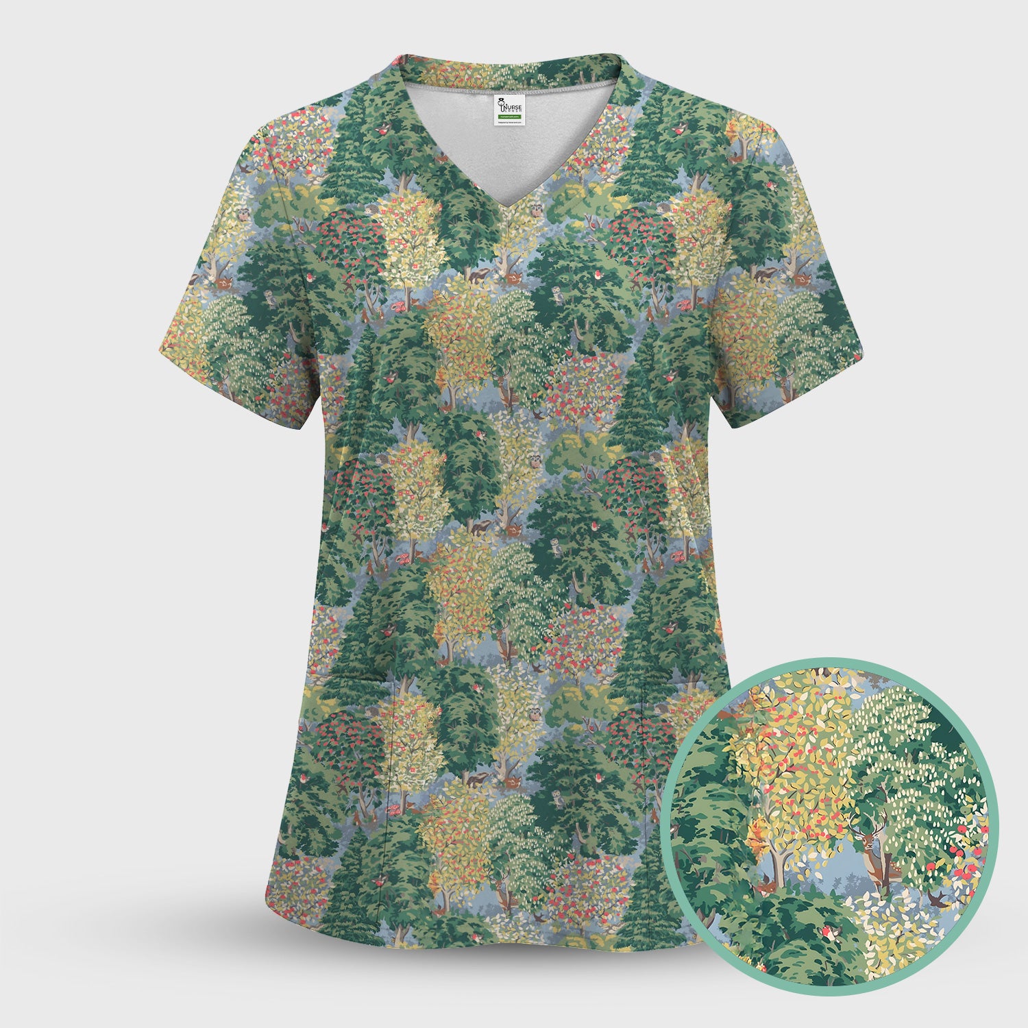 Forest Landscape Pattern Scrub Set, Scrub Pants and V Neck Top