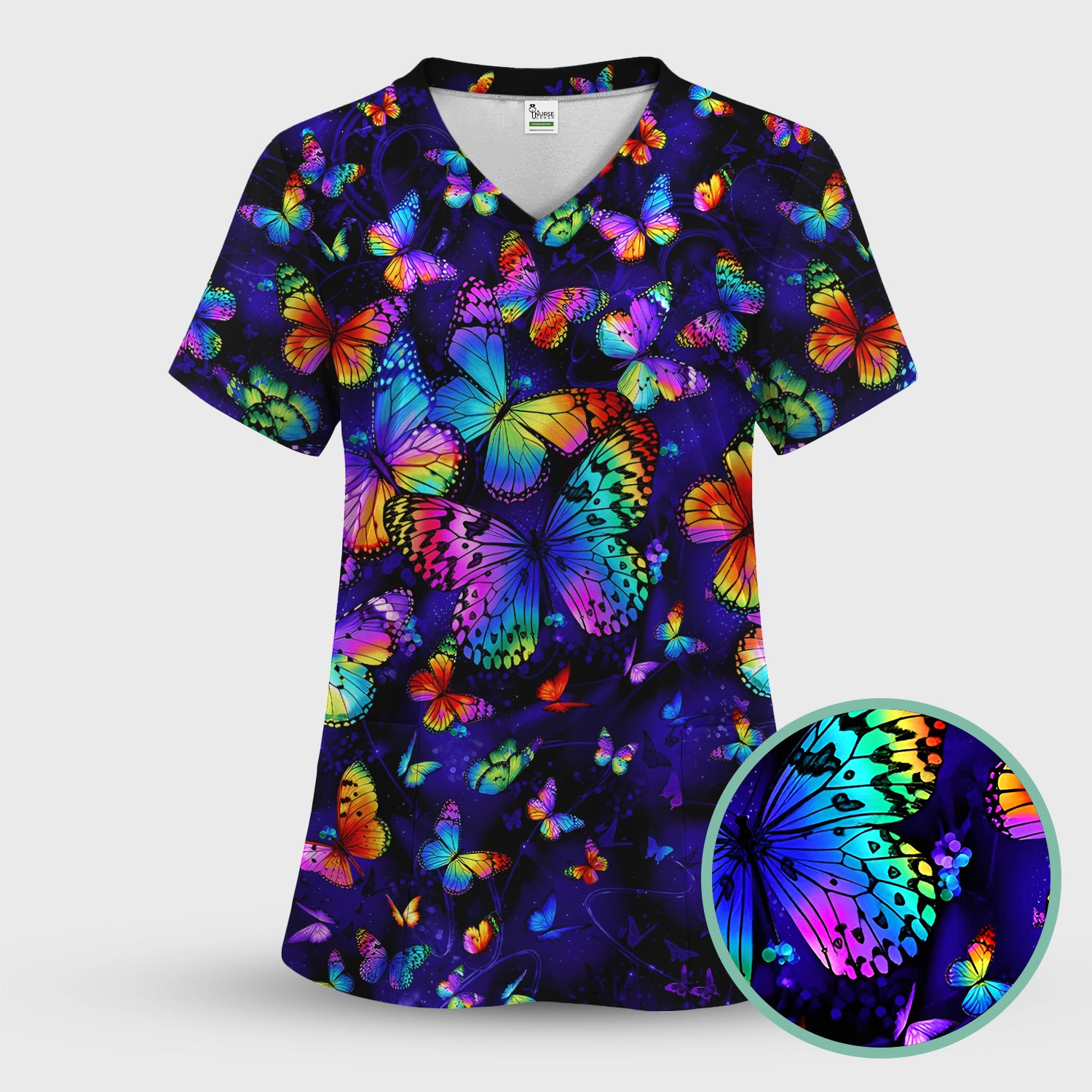Vibrant Rainbow Butterfly Galaxy Pattern Scrub Set, Scrub Pants and V Neck Top