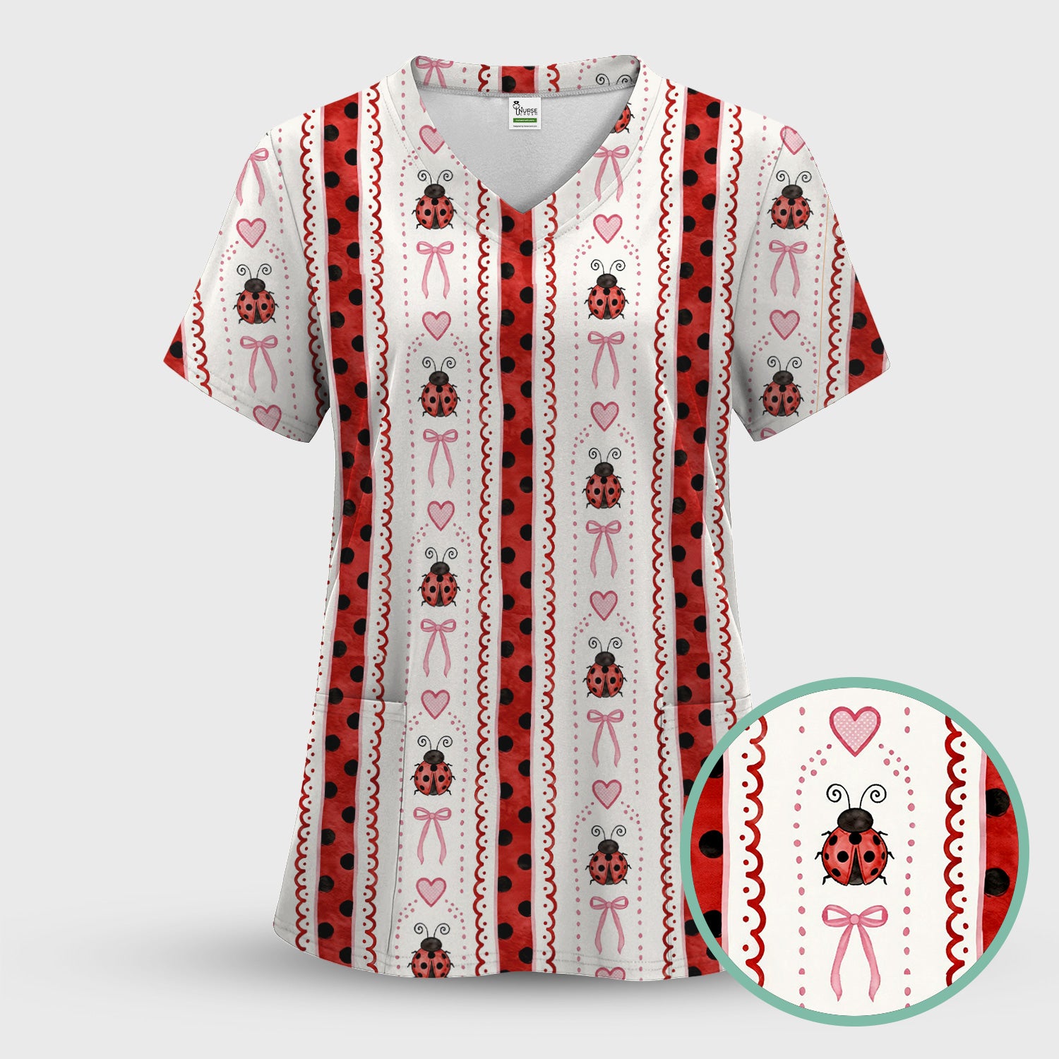 Cute Ladybug Heart Bow Stripe Pattern Scrub Top, Red Polka Dot Nurse Uniform