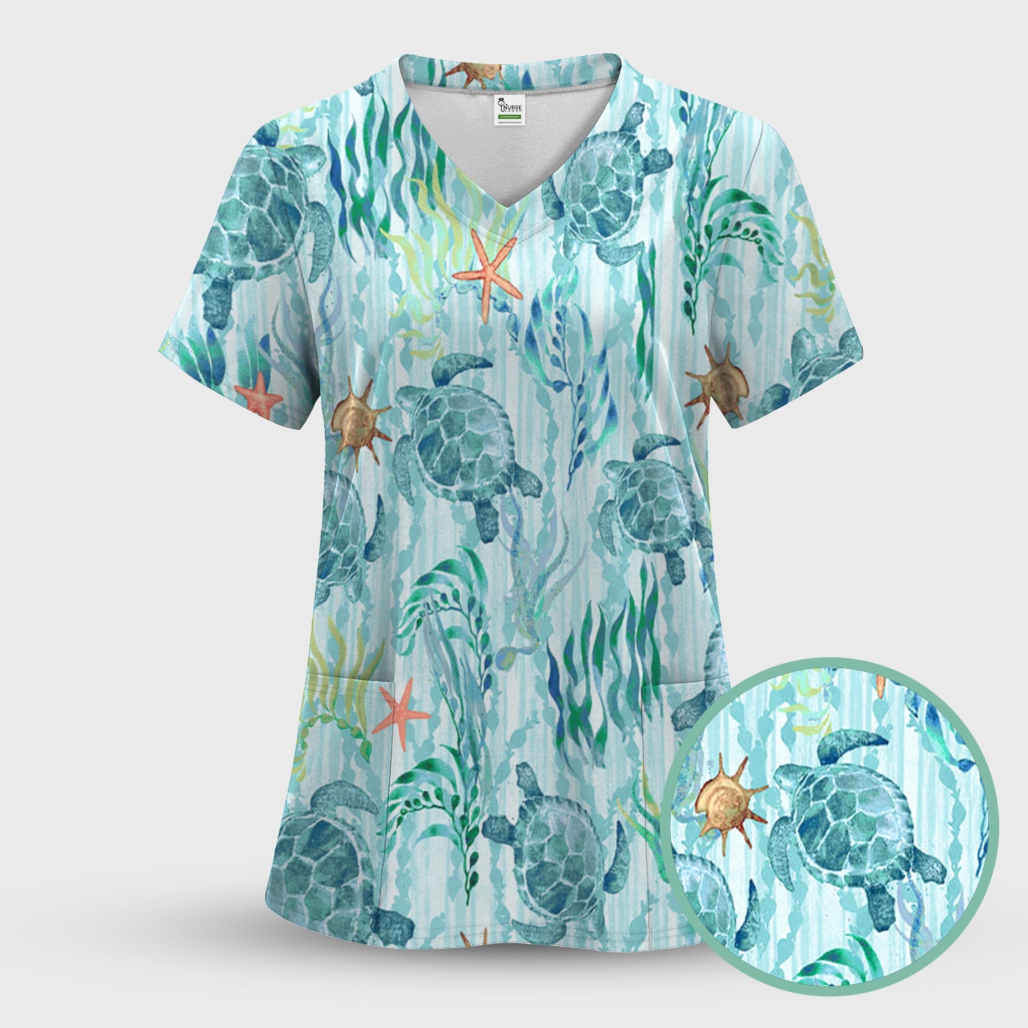 Sea Turtle Ocean Watercolor Print Scrub Top, Comfortable Scrubs for Nurses