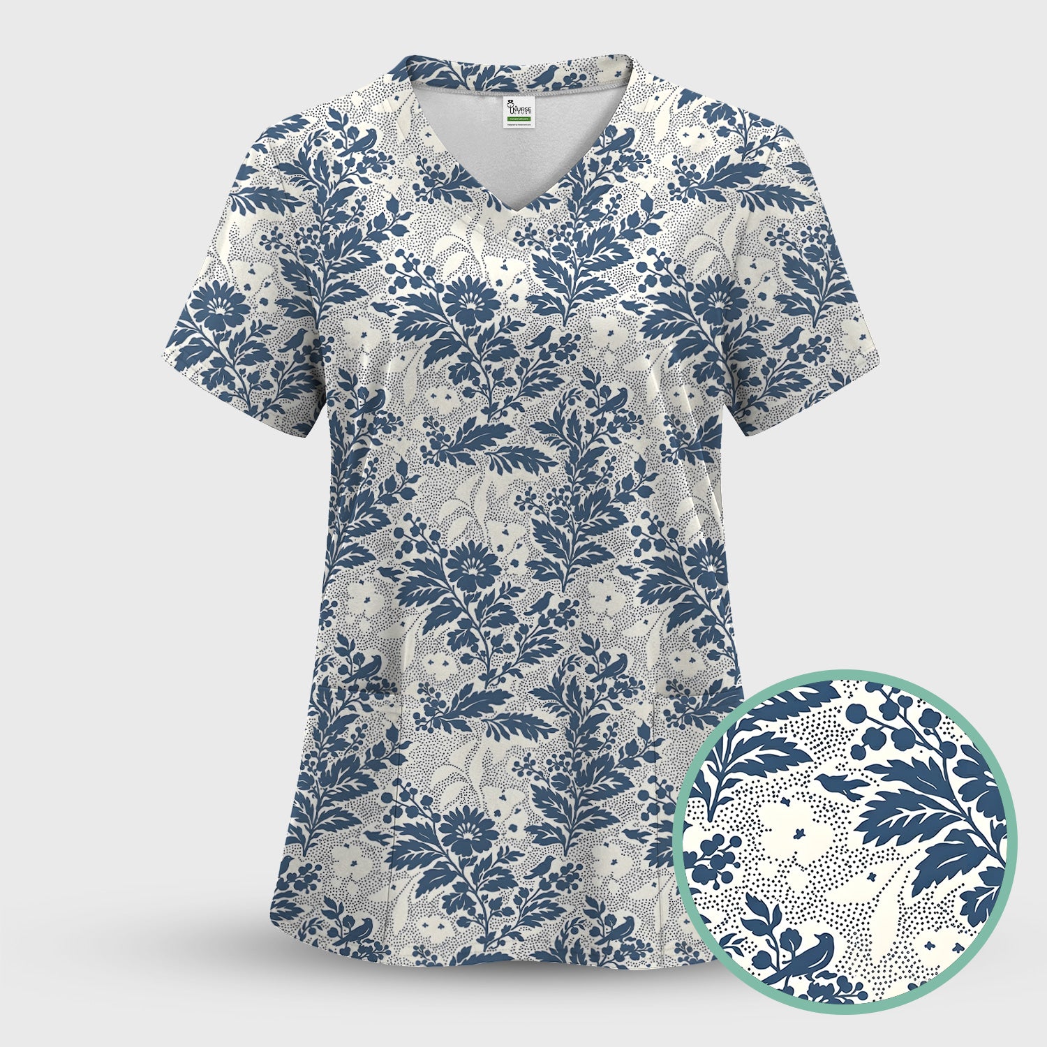 Cute Blue Floral Botanical Nurse Pattern Scrub Set, Scrub Pants and V Neck Top