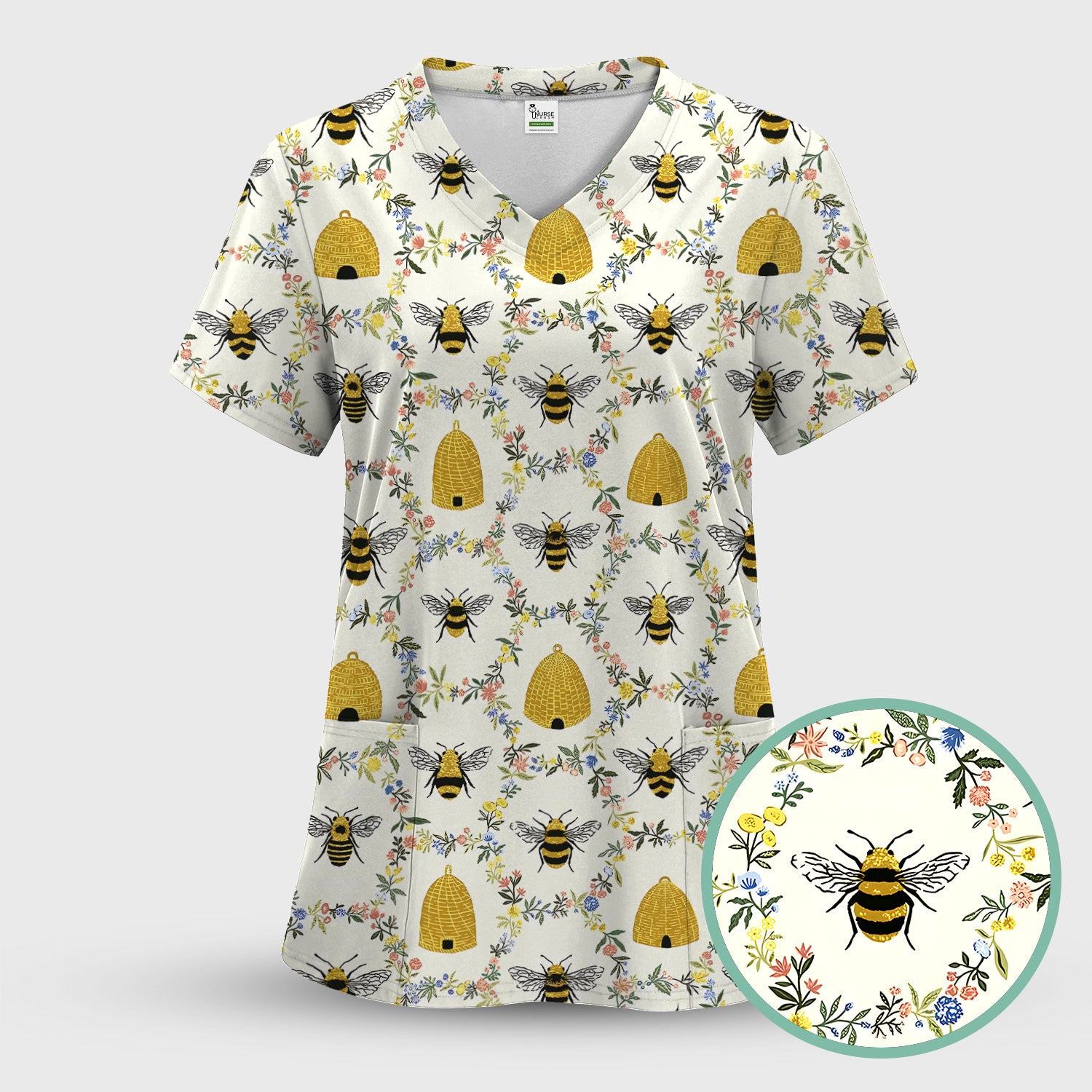 Honey Bee Beehive Floral Pattern Scrub Top, Comfortable Scrubs for Nurses