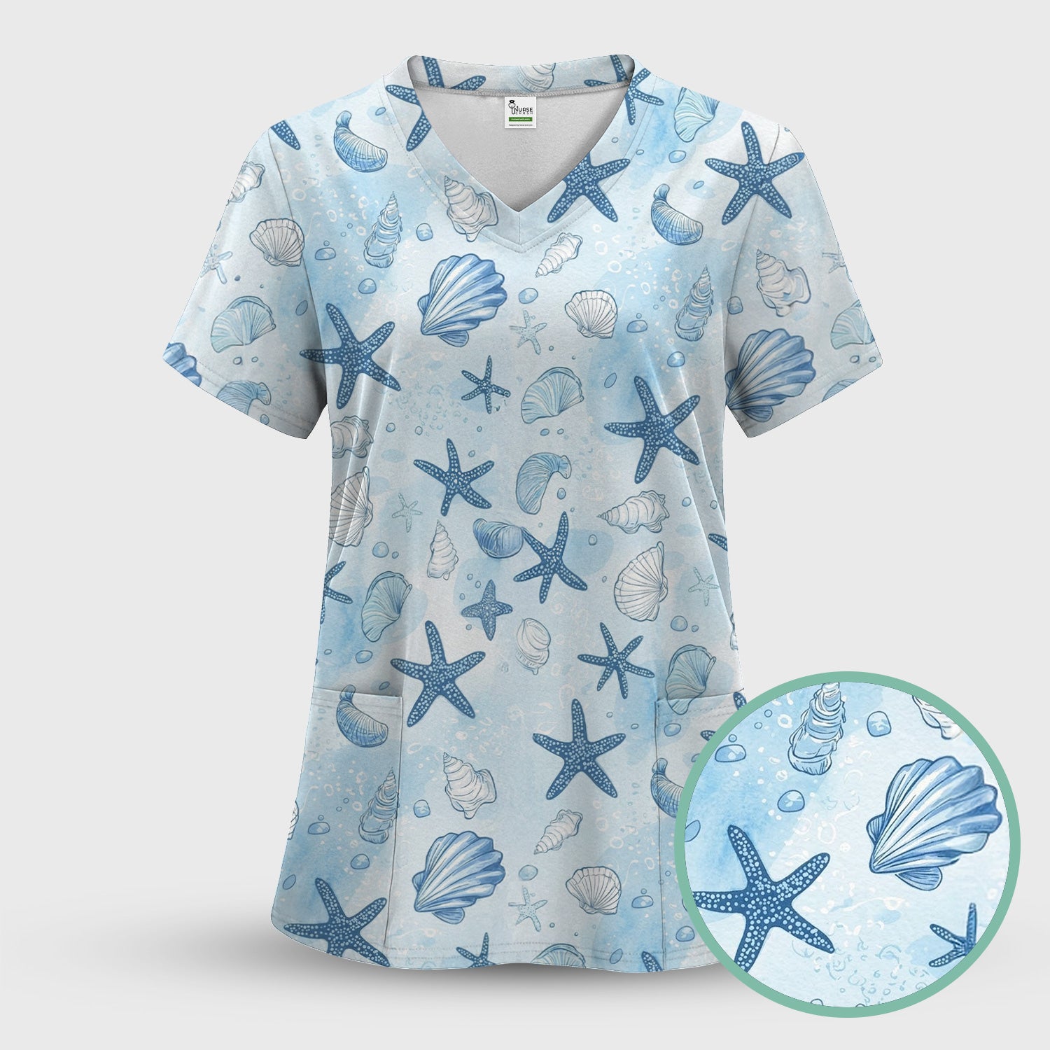 Blue Sea Shells Starfish Pattern Scrubs Top, Comfortable Scrubs for Nurses