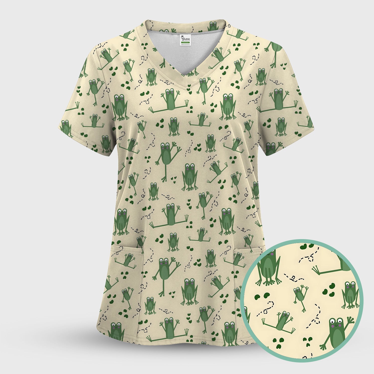 Frog Jumping Footprint Trail Pattern Scrub Set, Scrub Pants and V Neck Top
