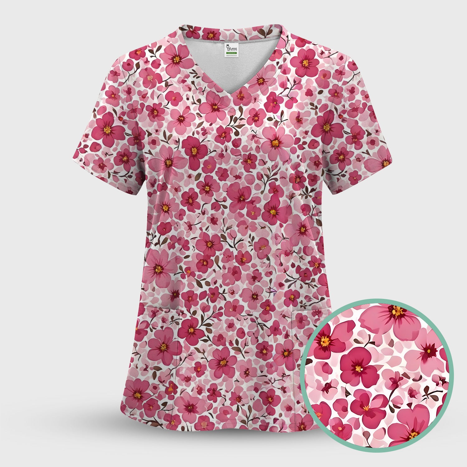 Pink Cherry Blossom Floral Pattern Scrub Top, Comfortable Scrubs for Nurses