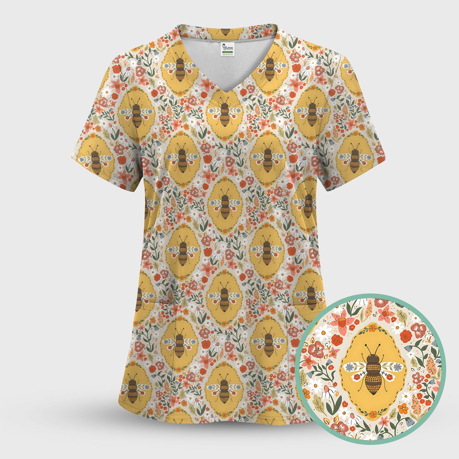 Vintage Honeybee Floral Garden Pattern Nurse Scrub Set, Scrub Pants and V Neck Top