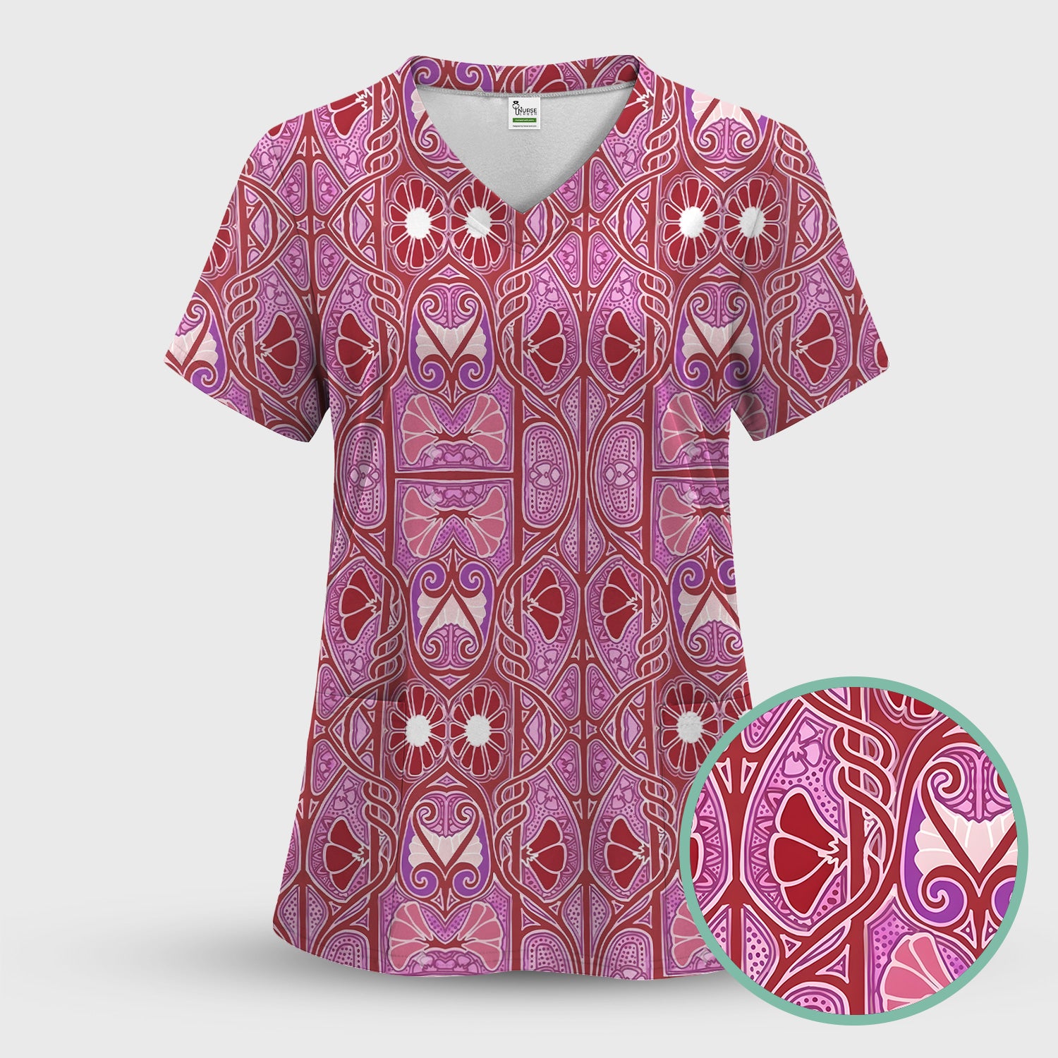 Vintage Ornamental Floral Pattern Scrub Set, Scrub Pants and V Neck Top