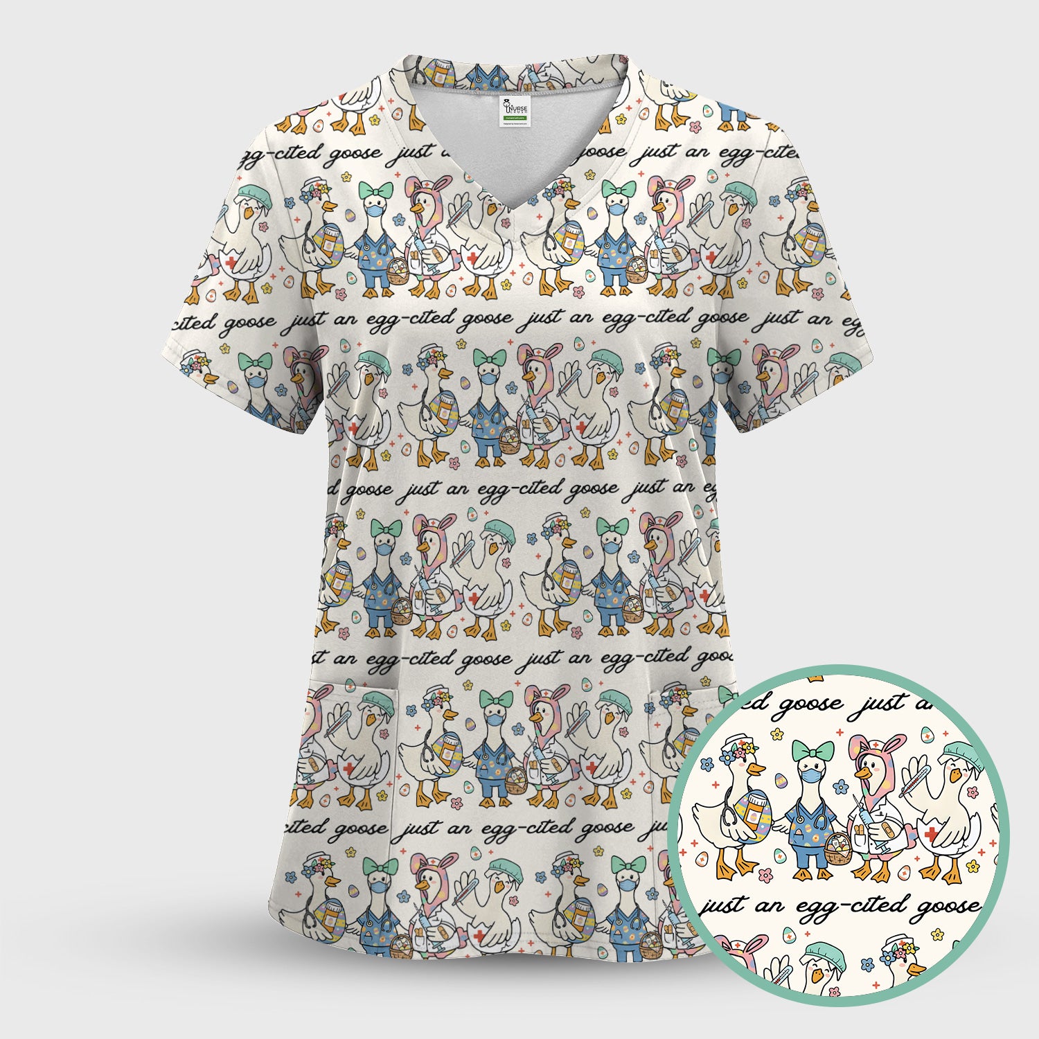 Funny Easter Nurse Goose Pattern Scrub Top, Comfortable Scrubs for Nurses
