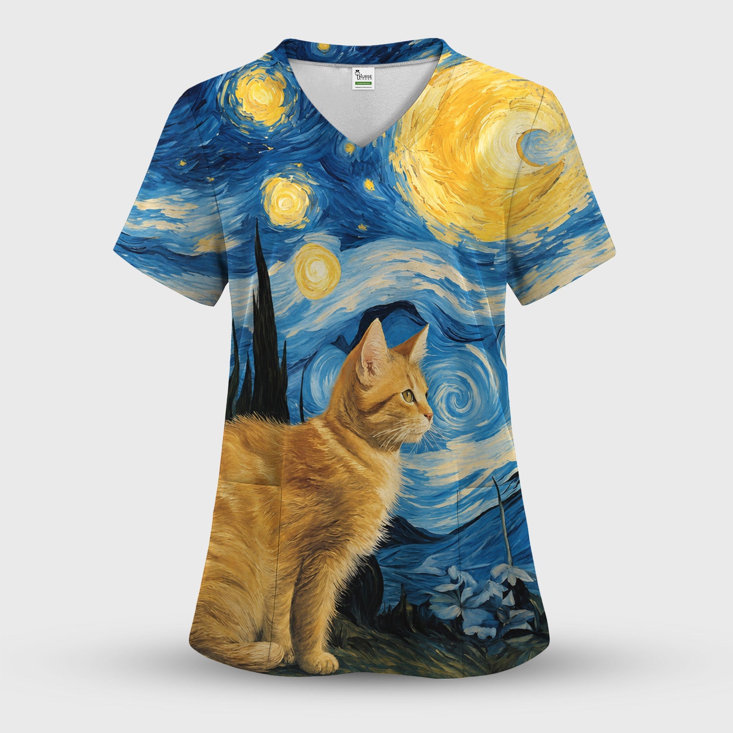 Swirling Moonlit Cat Scene Print Scrub Top, Comfortable Scrubs for Nurses