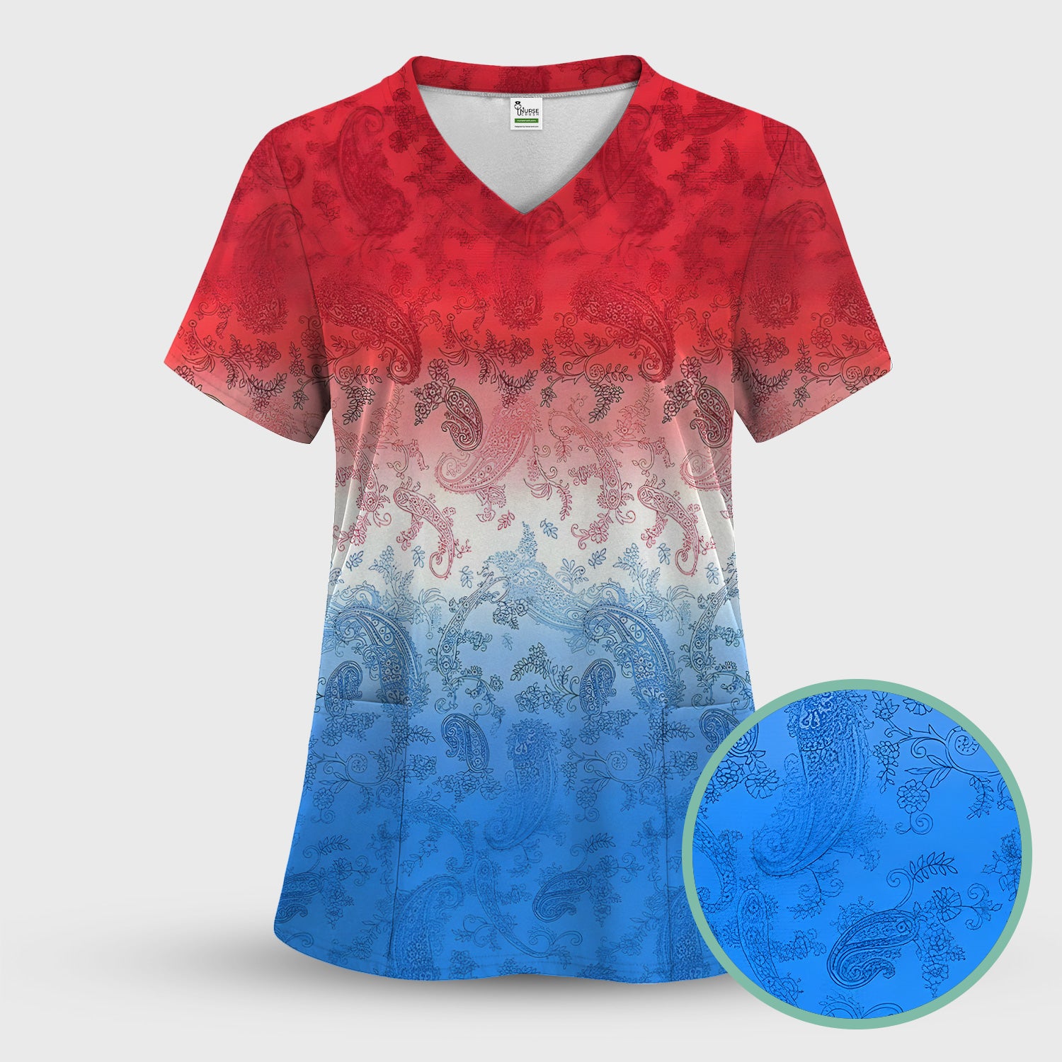 Red Blue Paisley Ombre Pattern Scrub Top, Comfortable Scrubs for Nurses