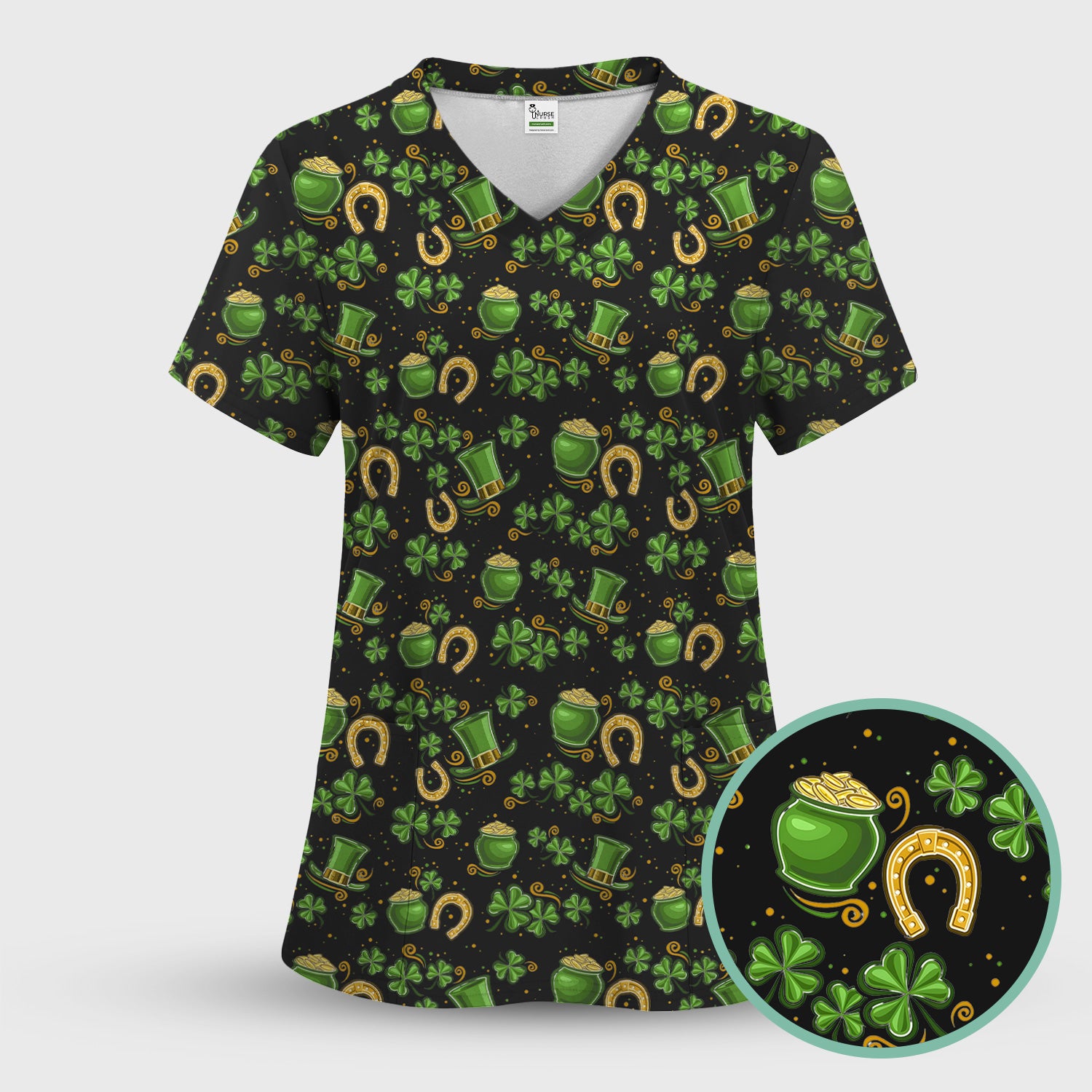 St. Patrick Shamrock Pattern Scrub Top, Comfortable Scrubs for Nurses