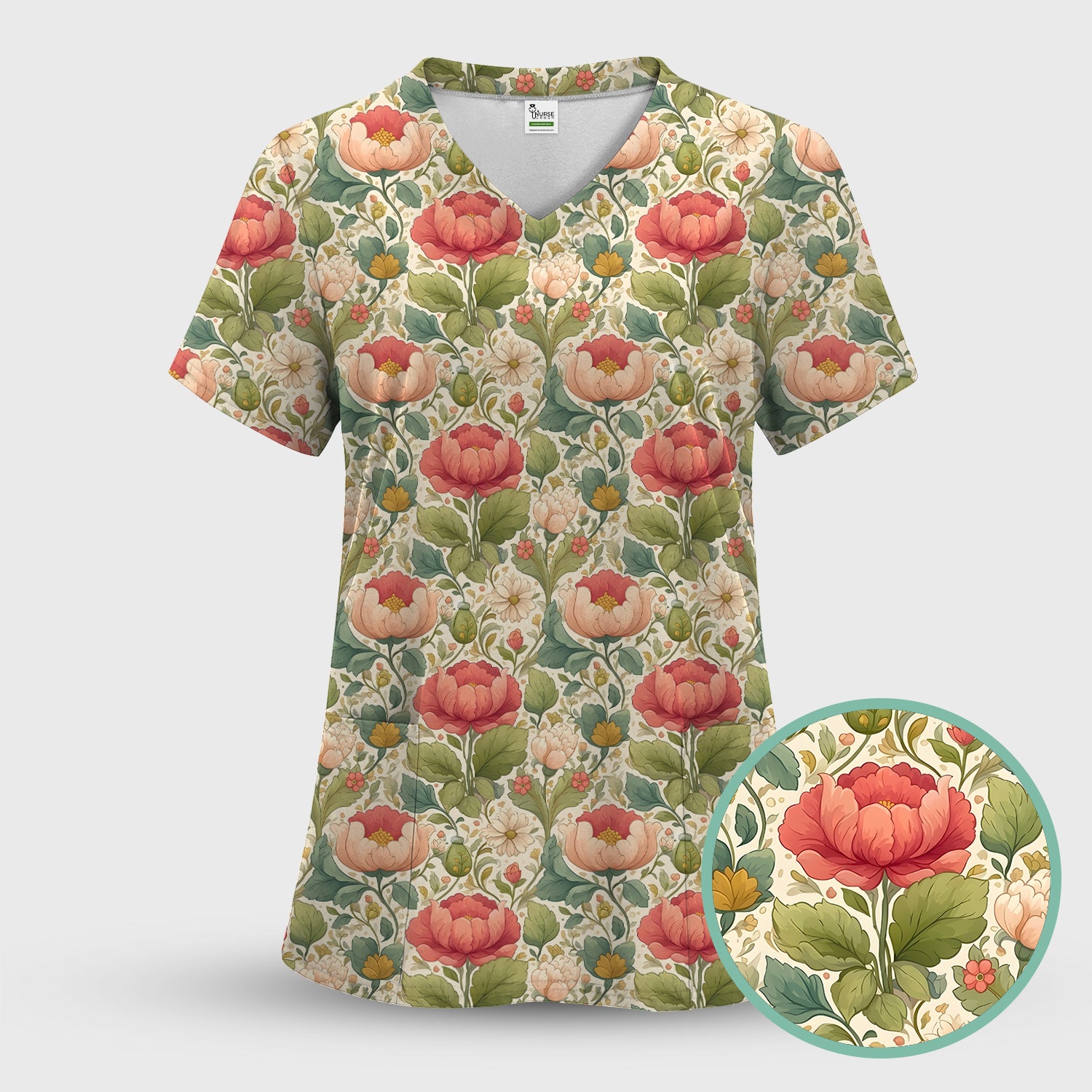 Vintage Botanical Peony Floral Pattern Scrub Top, Breathable Fabrics Nursing Uniform