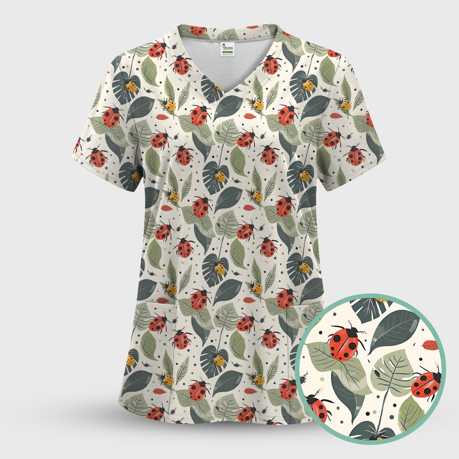 Cute Ladybug Leaf Nature Pattern Scrub Top, Comfortable Scrubs for Nurses