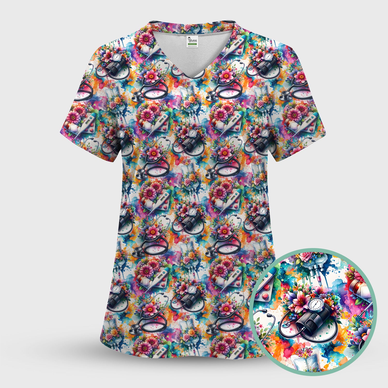 Colorful Medical Tools Floral Pattern Scrub Top, Comfortable Scrubs for Nurses