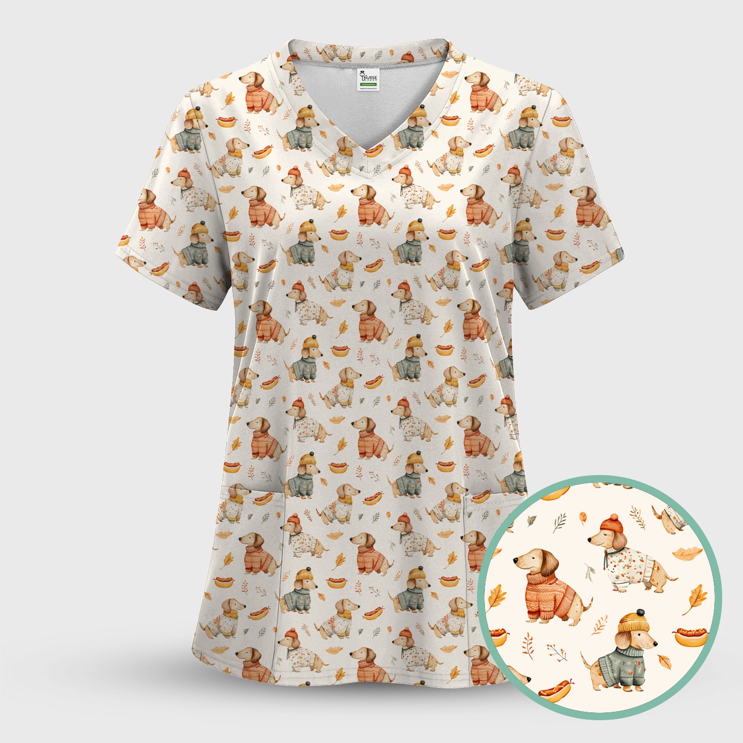 Autumn Dachshund Dog Sweater Print Scrub Top, Comfortable Scrubs for Nurses