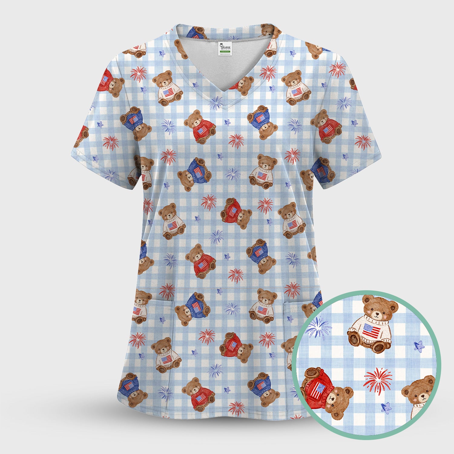 Cute Patriotic Teddy Bear Firework Gingham Pattern Scrub Set, Scrub Pants and V Neck Top
